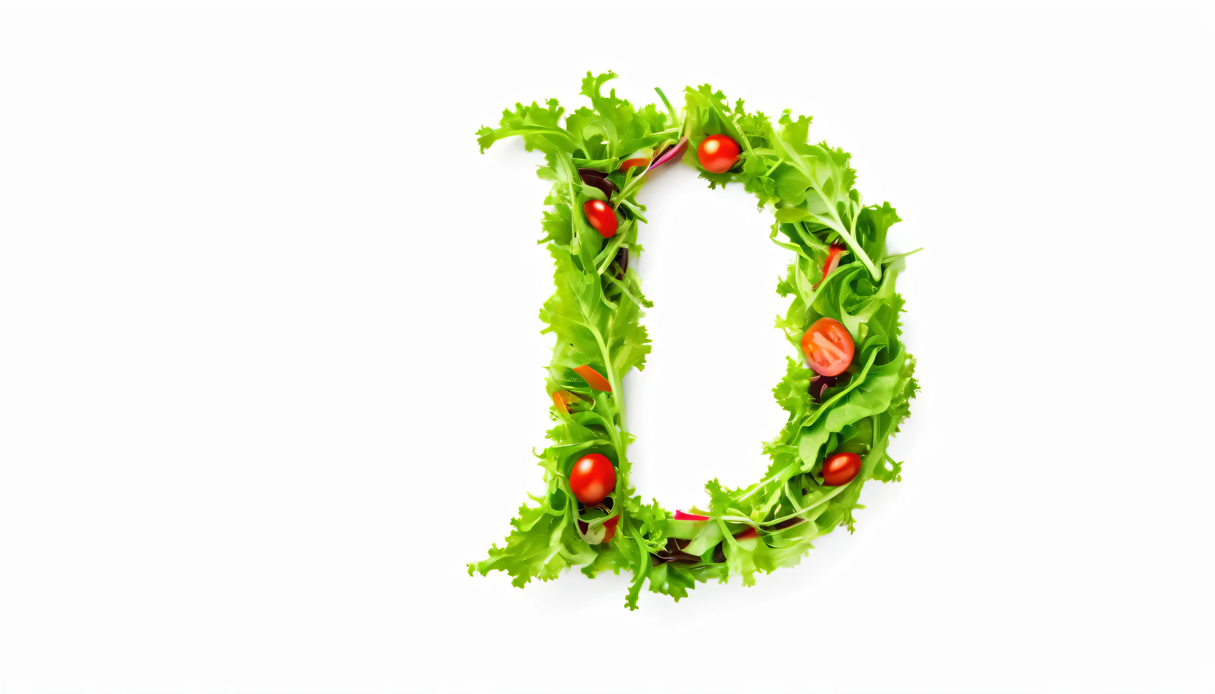 Character ' D ' made of salad, sharp outline, photography, isolated white background .