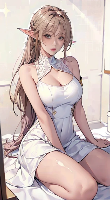 close-up of face, Face Shooting, (White Dress :1.7), Short witch skirt, (((Large Breasts、Breast sagging、Low-cut，Cleavage ，Wide hips,)))((Long legs)),Hourglass figure)) Long streamers, blond, blonde, (Pointed ears: 1.5), (Gold pattern quality:1.3), female pubic hair, 長長的blond, Off-shoulder, Top-level detailed CG quality 4K wallpaper, master, A masterpiece, portrait, middle, Watch the video, Beautiful Chinese-Korean mixed-race idol, ((Very delicate face, Detailed description of facial features)), bitten lip makeup, sweet smile, Perfect facial features, Model Diagram, good skin color, Tree, Branches, Golden meadow, stream, Gold Leaf, night, twilight, Sunset, twilight, autumn, Double braid, Hair, Oblique bangs, Headband, Hair accessories, Forehead Gem, Porphyra, crescent Hair accessories, fish Hair accessories, Ji Qie, Low Ponytail, realism, Divine Light, spark, movie lighting, lens flare, Ultra HD, High Detail, high quality, High resolution, best quality, 8K, 16K, High Detail, high quality, Super Detail, Anatomically correct, masterpiece, precise