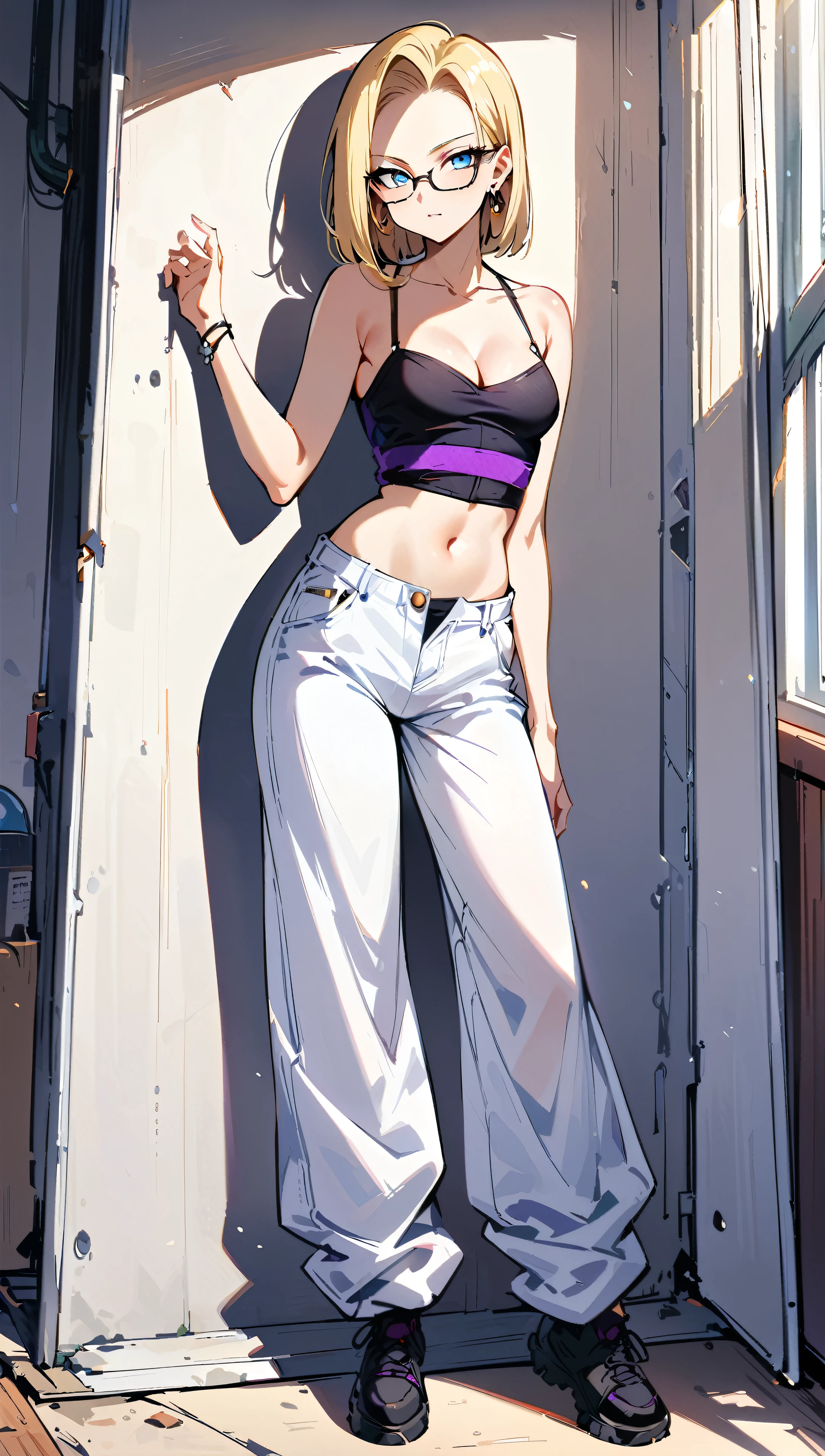 (masterpiece, best quality:1.2), full body shot, solo, Android 18 from Dragon Ball, Bodice, Street clothes, collarbone, cleavage, one-shoulder crop camisole, purple off-shoulders track jacket, white baggy pants, small breasts, short blonde hair loose, purple dye, purple tips, (blue eyes), (wearing glasses), earrings on earlobes, slender feminine figure, narrow waistline, skinny body, sunlight, standing in front of a white mirror, plain white wall, facing the camera, blur background, 4K