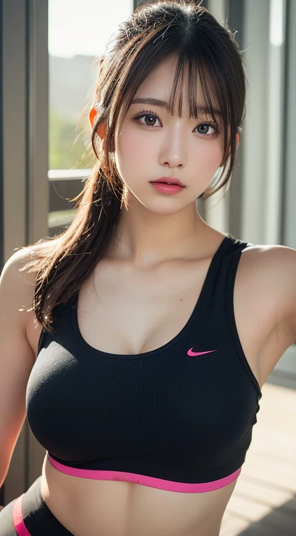 masutepiece, Best Quality, Illustration, Ultra-detailed, finely detail, hight resolution, 8K Wallpaper, Perfect dynamic composition, Beautiful detailed eyes,Colossal tits, fitness wear, Natural Color Lip,