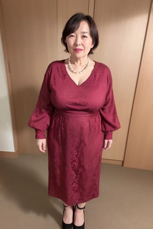 1 mature elegant japanese woman, zero gravity environment, small breasts, soft, sexy breasts, ((full body focus)), delicate lines, beautiful lips, sparkling eyes, gentle smile, looking straight ahead, wearing red lipstick, low ponytail, ((pearl necklace)), (best quality, 8k, highres, extremely detailed, photorealistic:1.37), (mature woman, lady, older woman, 55 years old married woman)