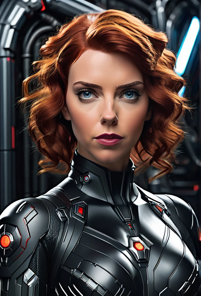 Beautiful [Black Widow:Scarlett Johansson] in a portrait pose donning a Hightech Mecha Body Suite, confident naughty smirk, detailed face, detailed hair, insanely intricate details, realistic style