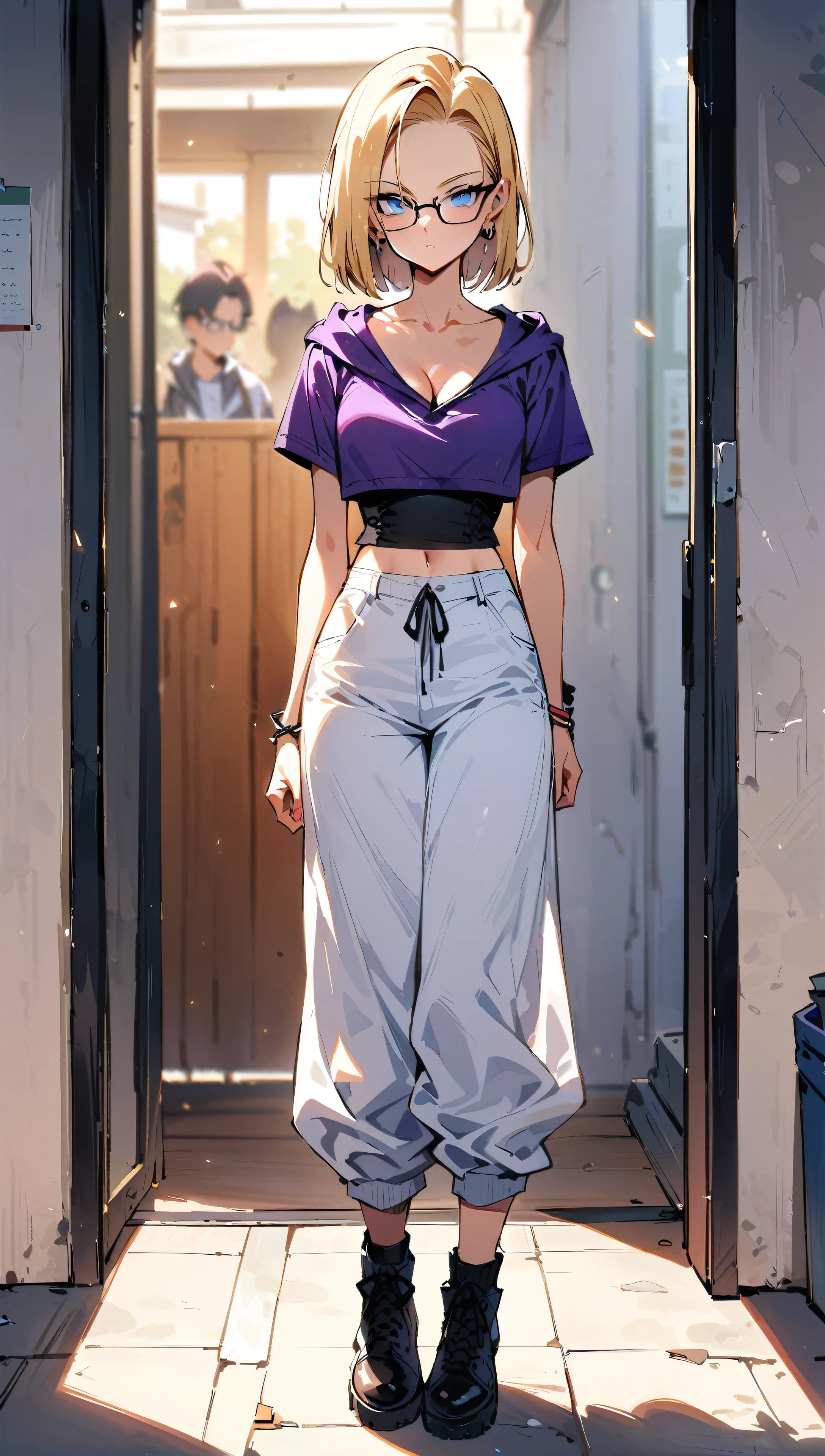(masterpiece, best quality:1.2), full body shot, solo, Android 18 from Dragon Ball, Bodice, Street clothes, showing collarbone, cleavage, cropped hoodie, baggy pants, small breasts, layered clothing, goth, purple dye, purple tips, short blonde hair loose, (blue eyes), (wearing glasses), earrings on earlobes, slender feminine figure, narrow waistline, skinny body, sunlight, standing in front of a white mirror, plain white wall, facing the camera, blur background, 4K