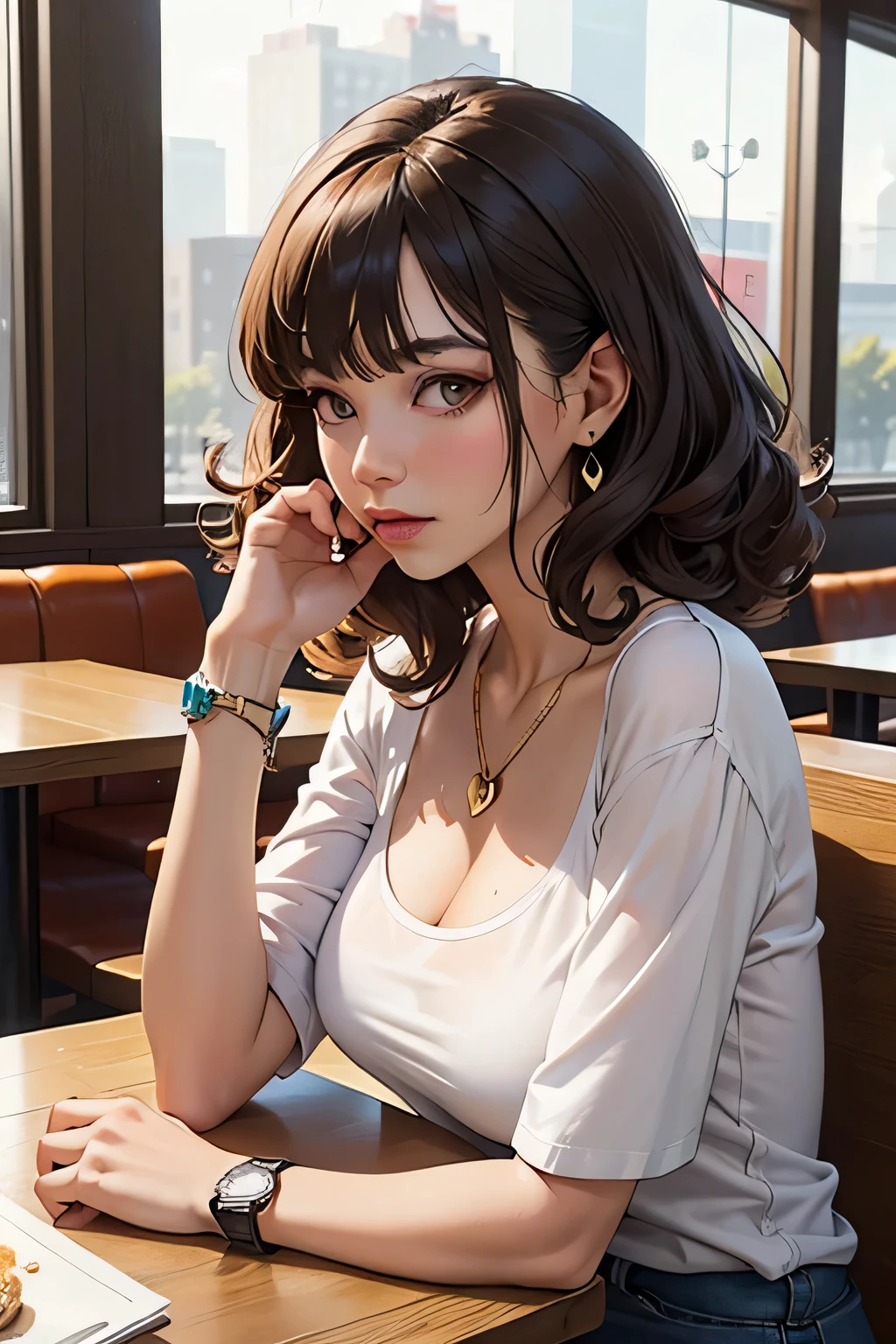 ((best quality)), ((masterpiece)), (detailed),hair side bangs wolf cut  curly hairs ,wearing white tshirt no sleeves,slight saggy cleavage , wearing a bracelet and a watch , adjusting hair , wearing  a gold heart shape pendant , sitting on table in coffee shop looking at viewer 