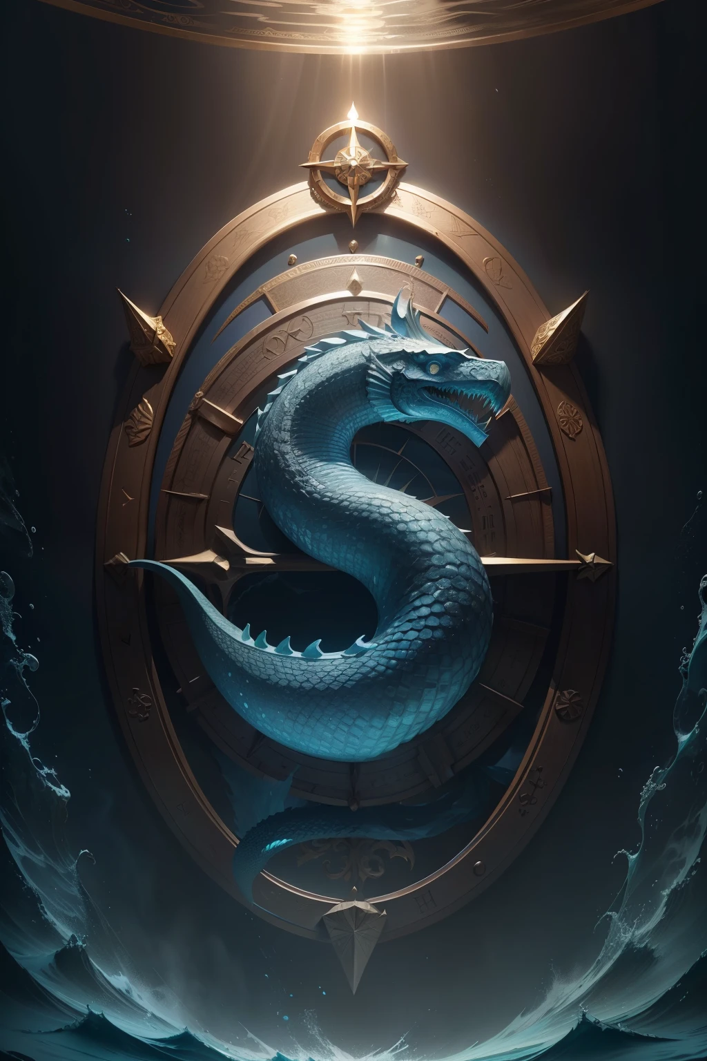 The 'Lost Ark' emblem showcases a majestic sea serpent wrapping around a nautical compass, embodying the themes of navigation and perilous voyages. The name of the game is inscribed in an ornate script, recalling the elegance of maritime charts from a bygone era, hinting at an exciting voyage. The color scheme predominantly consists of shades of blue, azure, and metal, mirroring the depths of the sea and the gleaming promise of treasure. The design is intricate, featuring textured waves on the compass and luminescent effects that accentuate the serpent's relief and typography, creating a realistic and captivating atmosphere
