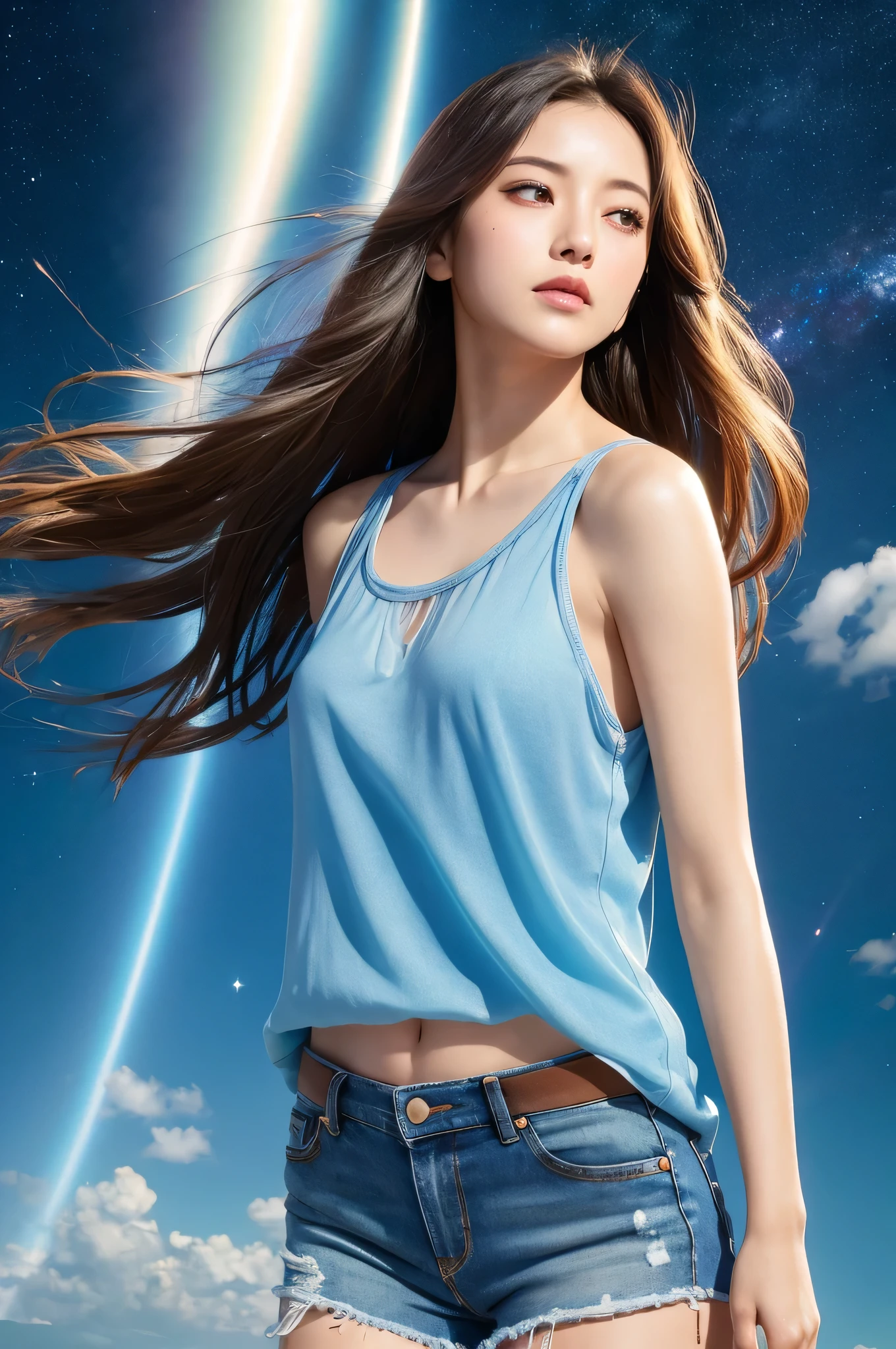(RAW Photos, highest quality), (Realistic, photo-Realistic:1.3),highest quality,Very detailed,masterpiece,Super detailed,figure,One girl,upper_body,Dynamic Angle,world masterpiece theater,Messy_length_hair,highest quality,Very detailed CG Unity 8k wallpaper,ink,wonderful,Cinema Lighting,lens_Flare, Dunhuang_style、Full Body、A hyper-realistic image of a person wearing a plain, sheer tank top and denim shorts, Super detailedなキャラクター, Beautiful female tank top girl,Flawless, smooth skin,Eyes that sparkle like the Milky Way,Full Body,The Japan beautiful girl of the world、Looking up、Shui Shui Yun 8K,Multi-exposure Image of a clear tropical sky Slightly moist skin and clothes