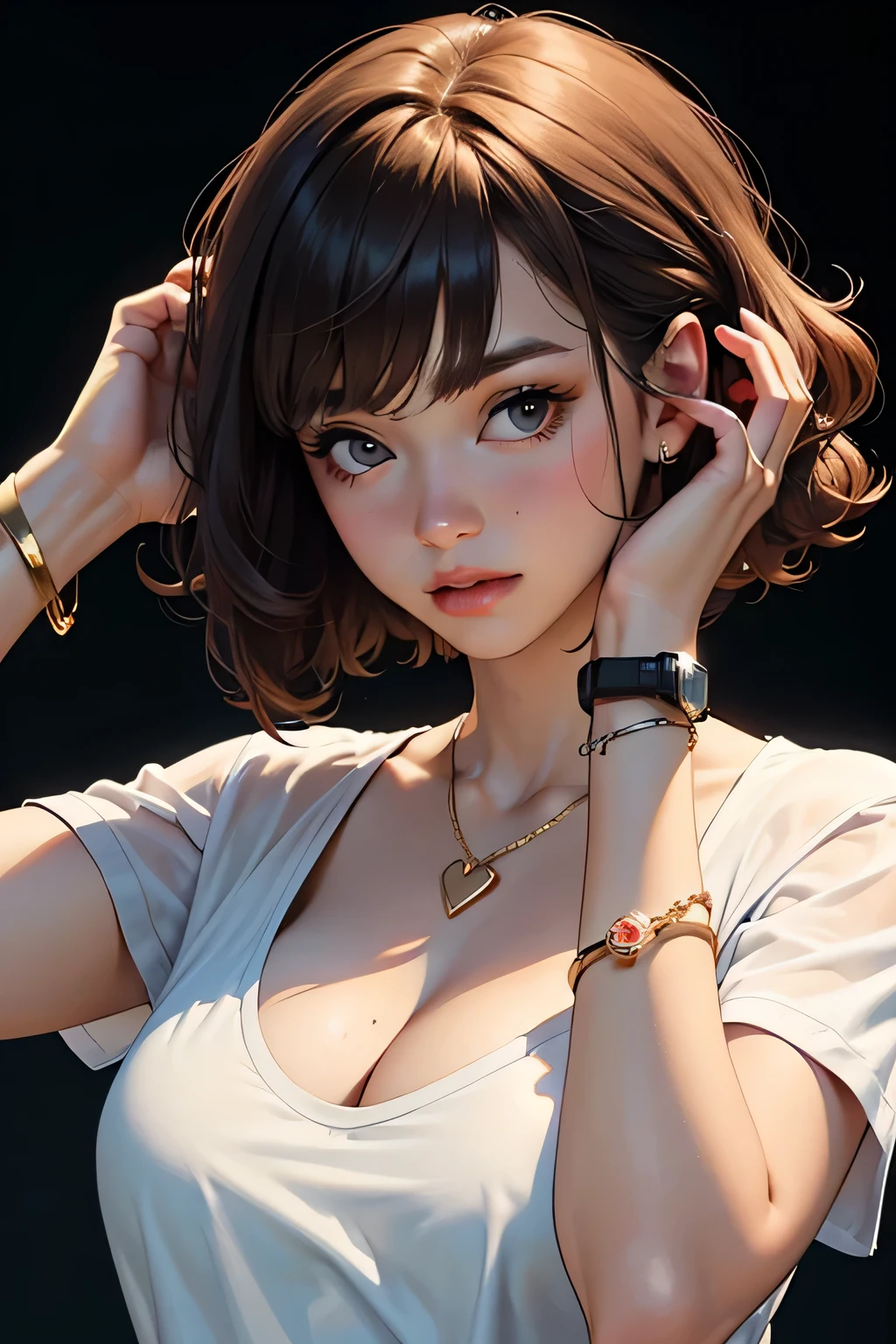 ((best quality)), ((masterpiece)), (detailed), short hair side bangs curly hairs ,wearing white tshirt no sleeves,slight saggy cleavage , wearing a bracelet and a watch , adjusting hair ,a gold heart shape pendant 