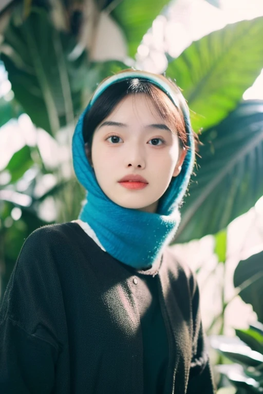 a woman clean face beauty in cyan hijab 20 yo plant monstera in a pot in a greenhouse under bright sunlight (8K, best quality: 1.2), (masterpiece: 1.37), (high sharpness) Masterpiece, best quality, (highly detailed photo: 1.1 ),((best quality)), ((masterpiece)), (detailed), perfect face