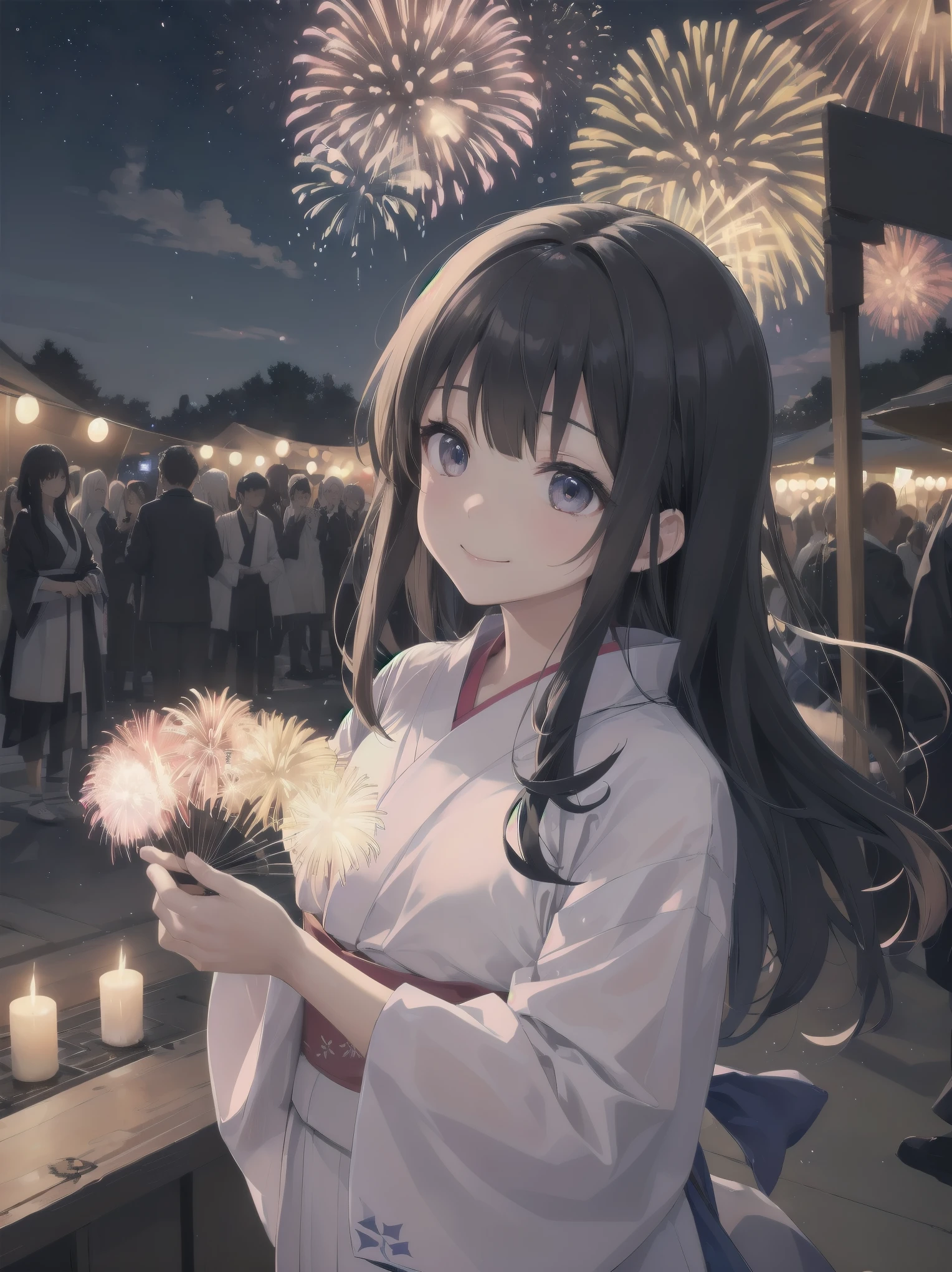 （Fireworks at night and a girl、yukata、fan、Looking up at the fireworks）
As large fireworks bloom in the summer night sky、yukataを纏った少女がfanを手に持ち、They cheer and look up.。彼女のyukataの鮮やかな色が夜の暗闇に映え、The light of the fireworks gently illuminates your face。fanを振りながら、Countless stars and fireworks reflected in her eyes、Blending in with the night sky。The excitement of the festival spreads all around、Her smile brightens up the place even more.。