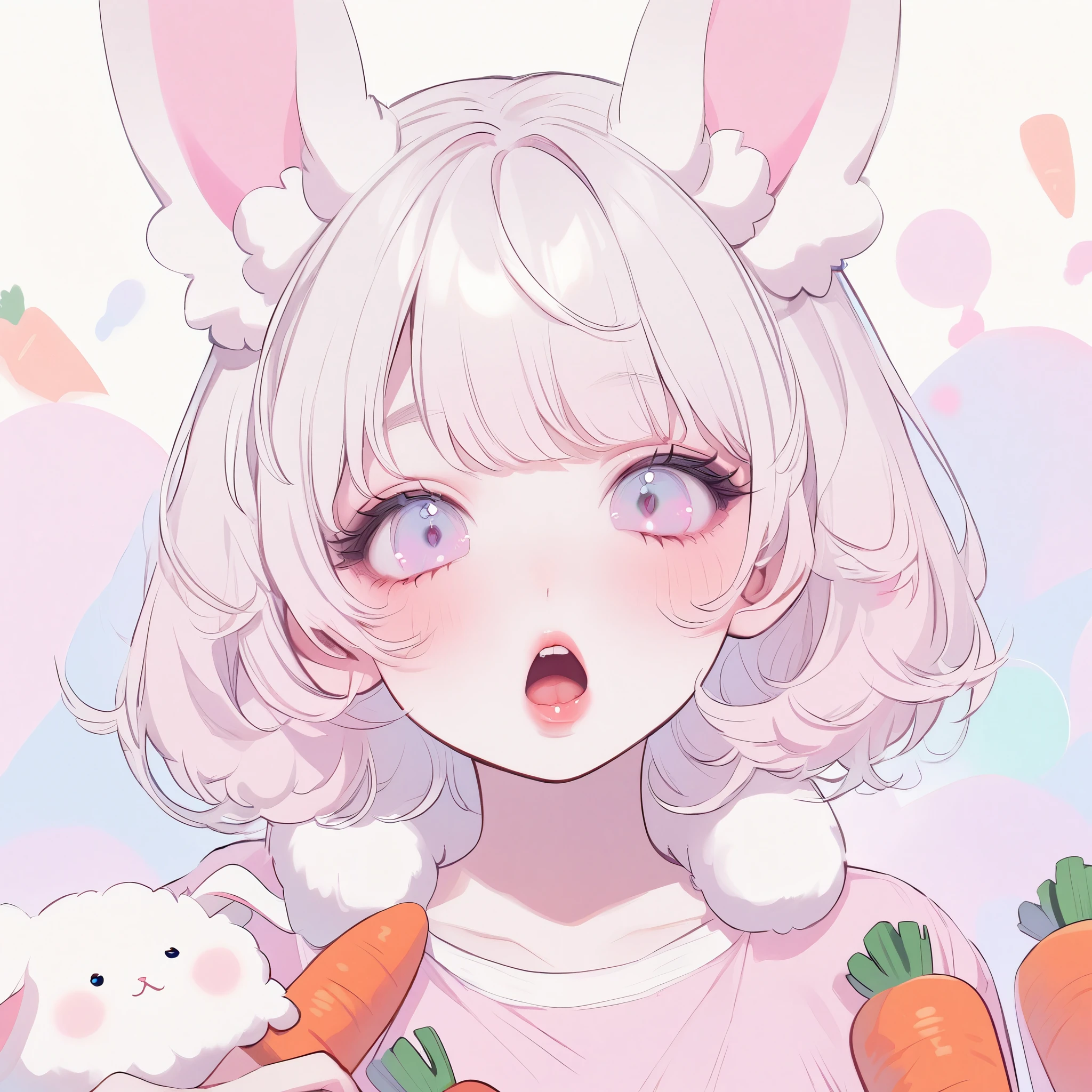 Girl, light blonde hair, blue eyes, beautiful, pastel pink shirt, pastel colors, lipgloss, brat, wide mouth, ethereal, half-closed eyes, white bunny ears, carrot, bunny teeth, cute