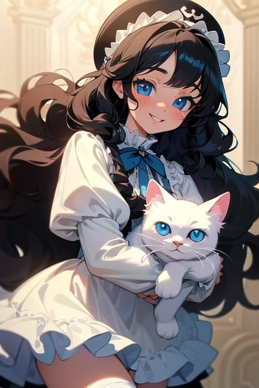 (masterpiece, best quality), warm lighting, blurry foreground, ((White ruff)), 1 girl holding a cat, cowboy shot, ((victorian outfit)), (lolita attire), (((fluffy hair))), makeup, finely detailed, (best quality), (intricate details), ((Long jet black hair)), ((Hair is fluffy)), best quality, ((Puffy long sleeve dress)), (white ruff), ((Thigh high socks)), ((socks are white)), ((round eyes)), beautiful face, cute face, pinup, perfect face, (((blue eyes))), ((curly long hair)), ((Bratty smile)), happy, holding white kitty, cute kitty, 1 cat