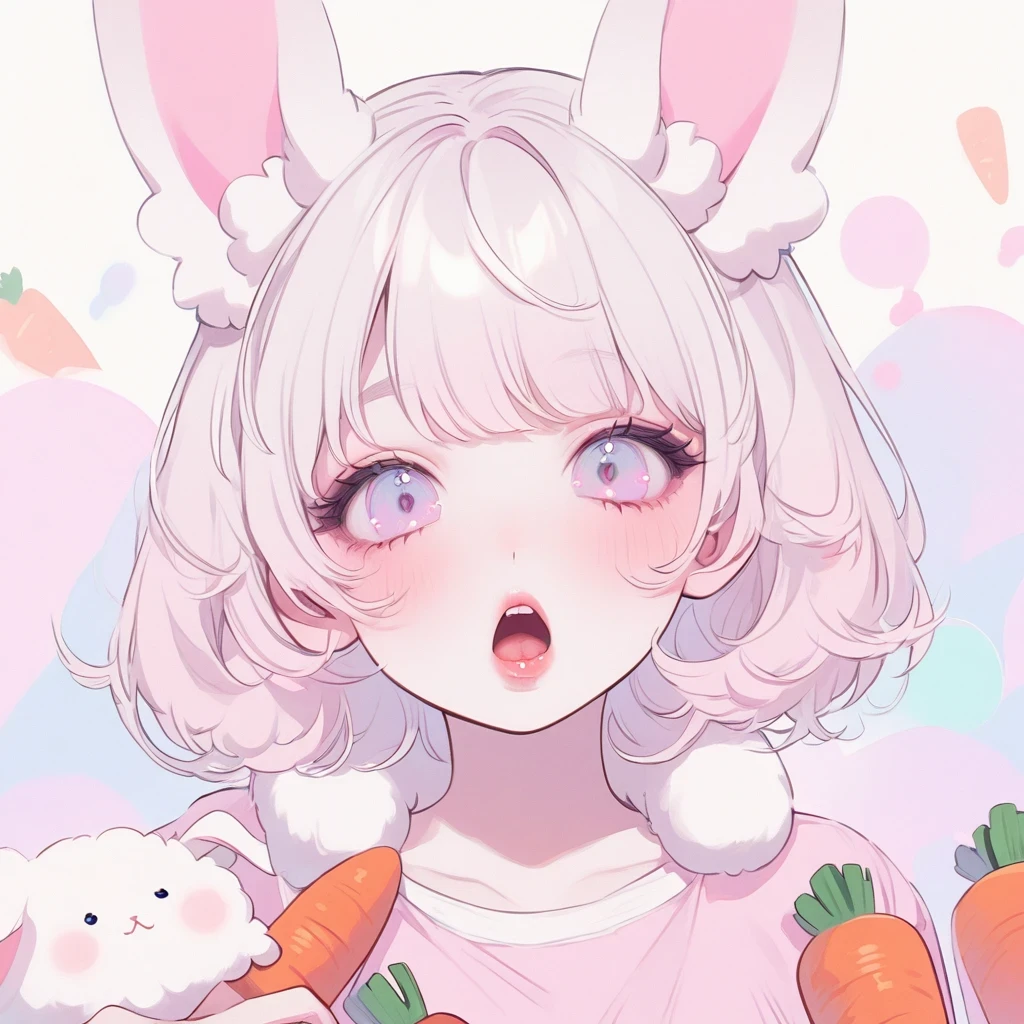 Girl, white hair, albino, beautiful, pastel pink shirt, pastel colors, lipgloss, brat, wide mouth, ethereal, submissive, white bunny ears, cute, fluffy ears, sweet, carrot