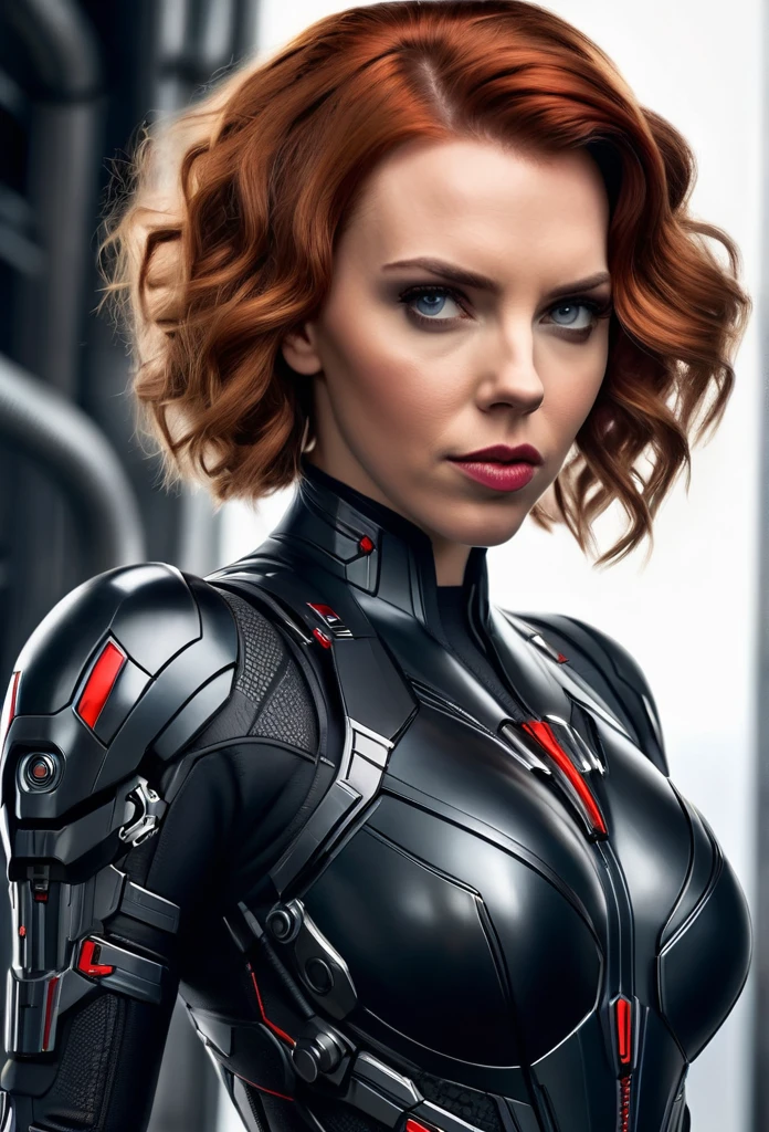 Beautiful [Black Widow:Scarlett Johansson] in a portrait pose donning a Hightech Mecha Body Suite, confident naughty smirk, detailed face, detailed hair, insanely intricate details, realistic style