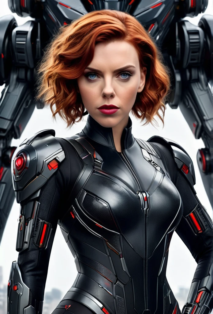 Beautiful [Black Widow:Scarlett Johansson] in a portrait pose donning a Hightech Mecha Body Suite, confident naughty smirk, detailed face, detailed hair, insanely intricate details, realistic style