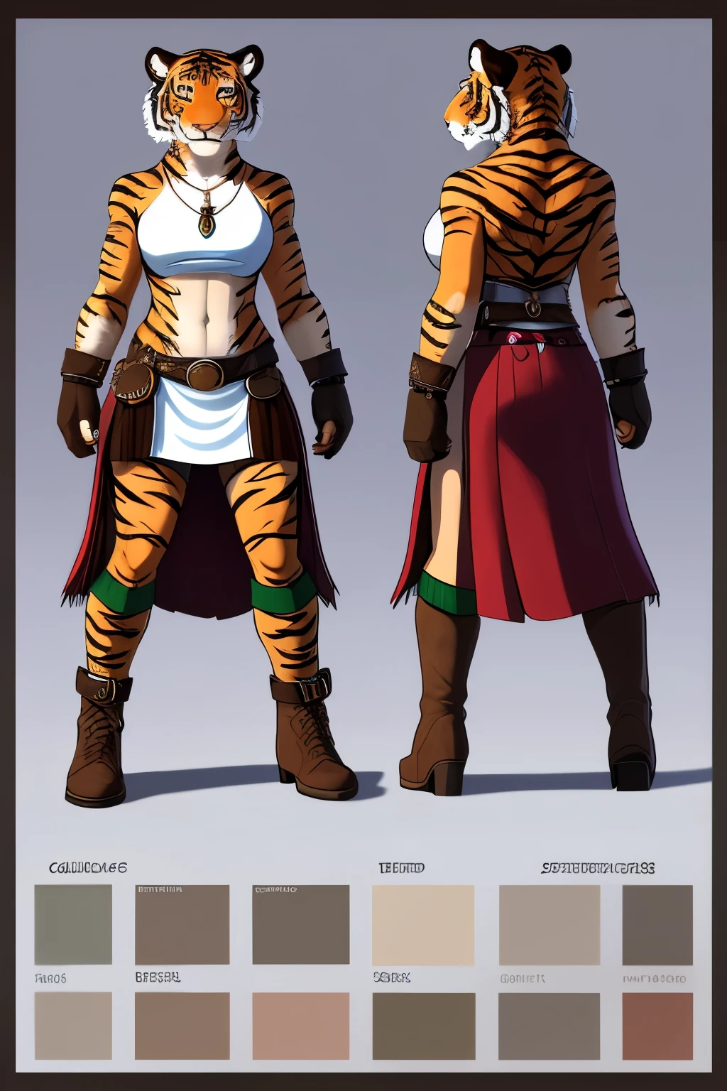2D Game Style Concept Sheet:
A beautifully colored and intricately detailed full body model sheet of a powerful girl, set in a fantastical Triassic mist, evoking the wilderness. In this two-thirds view, we see both the front and back views of the strong-willed protagonist. She is adorned with tiger gloves, adding to her formidable presence, and an animal skin kilt that swirls around her legs. Her wild spirit is further emphasized by the furry suede boots she wears. The entire concept is presented in 8k super-detailed resolution, capturing every feather, scale, and scar with astounding accuracy