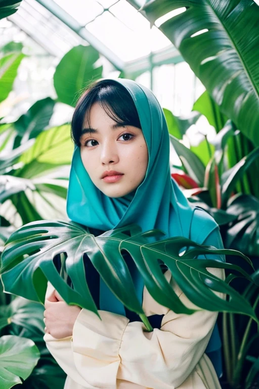 a woman clean face beauty in cyan hijab 20 yo plant monstera in a pot in a greenhouse under bright sunlight (8K, best quality: 1.2), (masterpiece: 1.37), (high sharpness) Masterpiece, best quality, (highly detailed photo: 1.1 ),((best quality)), ((masterpiece)), (detailed), perfect face