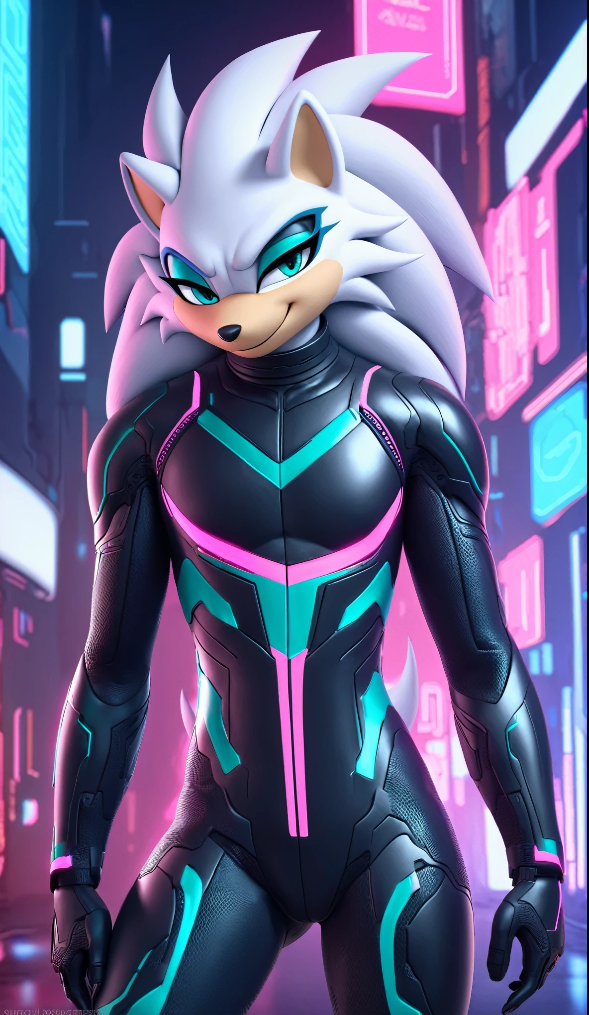 (((masterpiece:1.5, 4K, 8K))), a full body high quality digitally drawn rendered image ((by SEGA)) of A solo male anthro ((silver—white hedgehog)), with glowing blue eyes, ((metallic blue eyeliner:1.5)), (((tan muzzle))), wearing a (((sci-fi bodysuit))) stands in a neon-lit cyberpunk city The android's bodysuit is adorned with (((teal coloring:1.5))) with (((neon pink and black accents))), and intricate android seams, creating a futuristic look. the android has a seductive smirk on his face