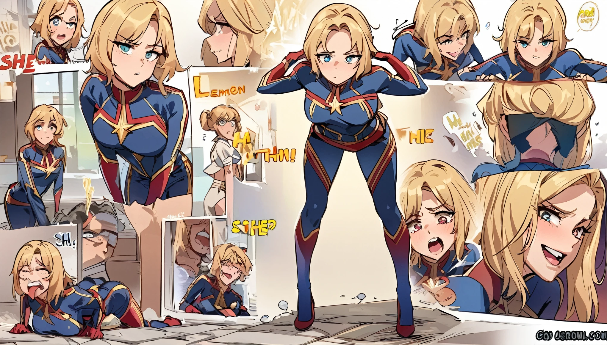 Captain Marvel is bent over retching and puking, a lemon with a bite out is near her, she has her back to the viewer, several superhero's chuckling around her, full body shown, comical scene
