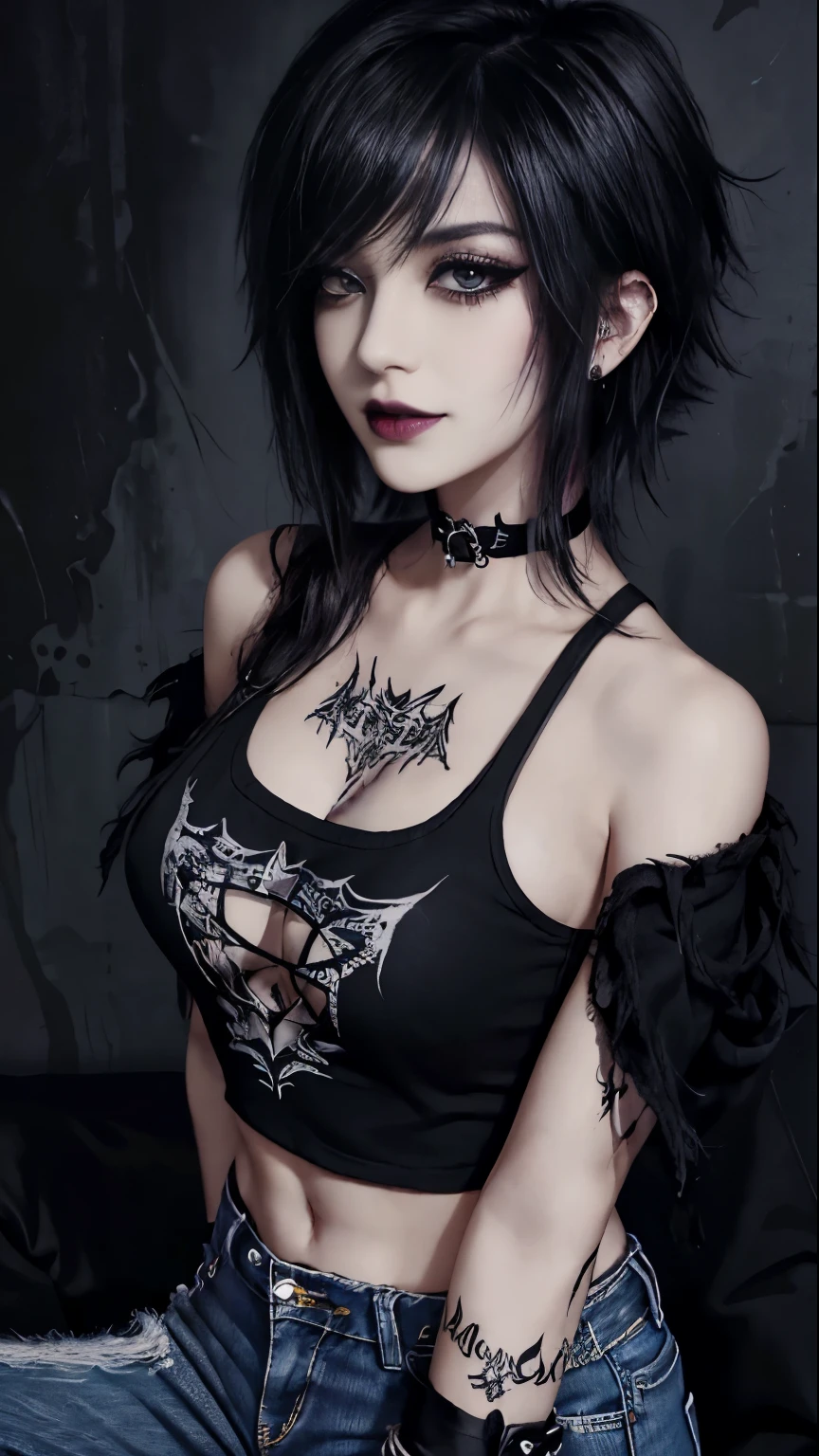 1girl, woman, emo_hairstyle, black lipstick, smug, grin, choker, cuffs, eyeliner, eye shadow, mascara, smoky eyes, realistic lighting, open business shirt, jean pants, flat chest, satanic tattoo.