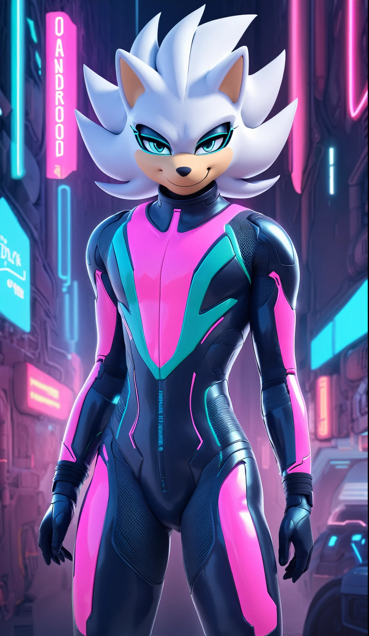 (((masterpiece:1.5, 4K, 8K))), a full body high quality digitally drawn rendered image ((by SEGA)) of A solo male anthro ((silver—white hedgehog)), with glowing blue eyes, ((metallic blue eyeliner:1.5)), (((tan muzzle))), wearing a (((sci-fi bodysuit))) stands in a neon-lit cyberpunk city The android's bodysuit is adorned with (((teal coloring:1.5))) with (((neon pink accents))), and intricate android seams, creating a futuristic look. the android has a seductive smirk on his face