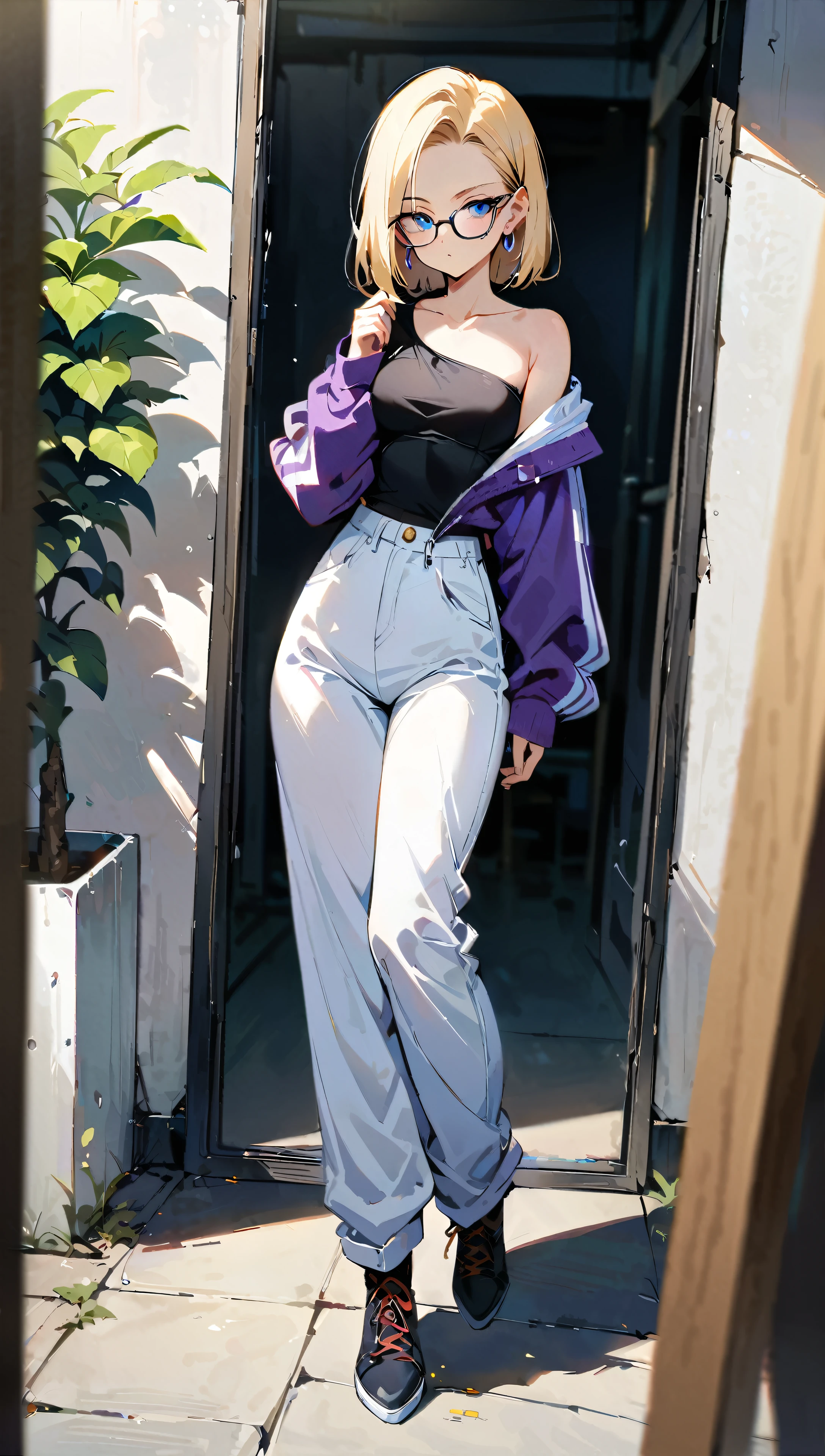 (masterpiece, best quality:1.2), full body shot, solo, Android 18 from Dragon Ball, Bodice, Street clothes, collarbone, cleavage, one-shoulder crop camisole, purple off-shoulders track jacket, white baggy pants, small breasts, short blonde hair loose, purple dye, purple tips, (blue eyes), (wearing glasses), earrings on earlobes, slender feminine figure, narrow waistline, skinny body, sunlight, standing in front of a white mirror, plain white wall, facing the camera, blur background, 4K