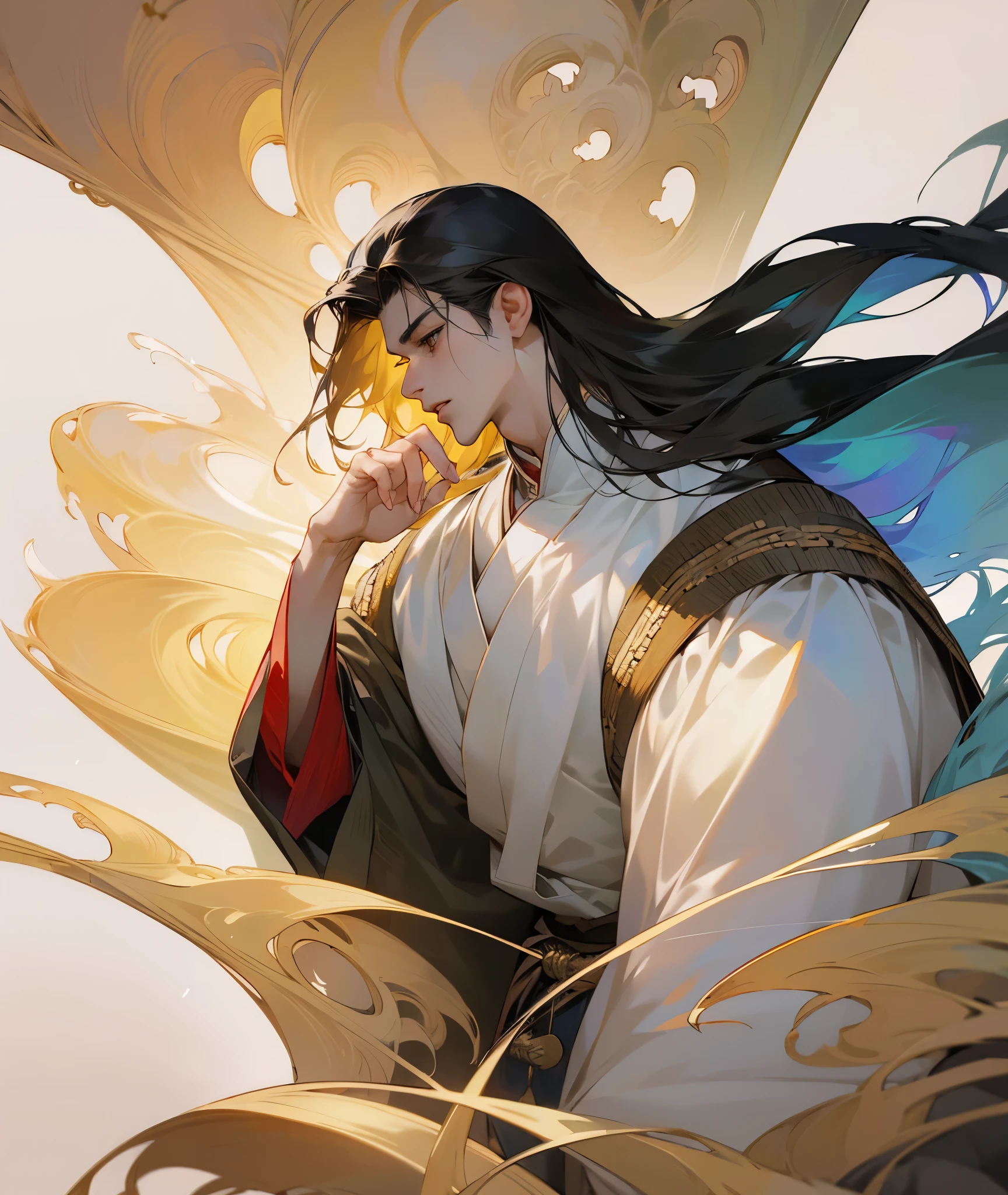 Masterpiece of a manhwa portrayal, showcasing a single boy with long, flowing hair, captured in exquisite detail in an 8K resolution image. The realistic rendering conveys the youthful beauty of this male character, making it a true masterpiece of the genre, boasting a high-quality, surreal image of a slender, youthful figure with contours highlighted and a raised arm, resulting in a worried expression. The photo features the boy dressed in traditional manhwa attire, showcasing the latex luster and all-inclusive design of his clothing, while also emphasizing the swelling of certain contours, presenting a side view of this beautiful portrait.