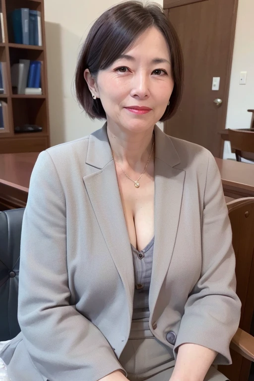 a mature and beautiful japanese woman in her 50s, anti-gravity environment, small breasts, sexy cleavage, full body focus, delicate lines, beautiful lips, wearing red lipstick, low ponytail, politician, member of parliament, national parliament, wearing suit, (best quality,8k,highres,ultra-detailed,photorealistic:1.37),(mature woman,lady,mature aged woman,55 year old married woman)