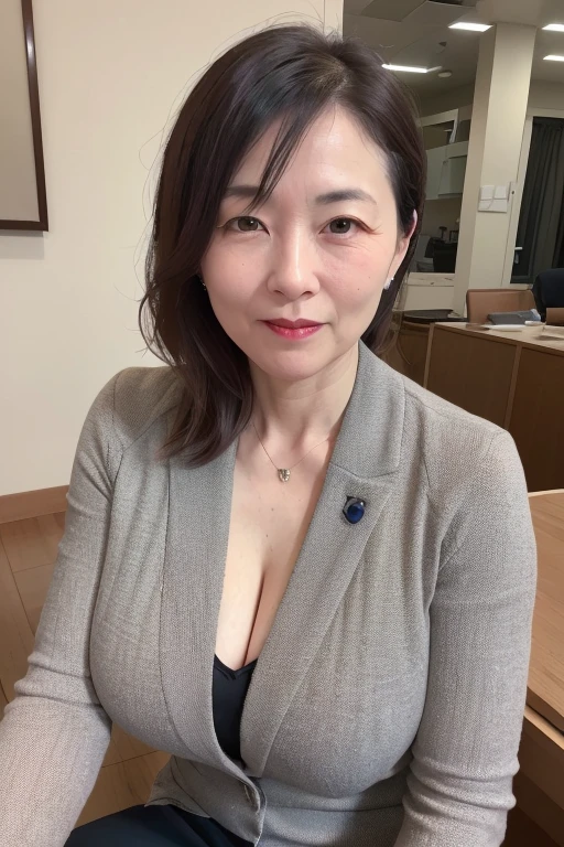 a mature and beautiful japanese woman in her 50s, anti-gravity environment, small breasts, sexy cleavage, full body focus, delicate lines, beautiful lips, wearing red lipstick, low ponytail, politician, member of parliament, national parliament, wearing suit, (best quality,8k,highres,ultra-detailed,photorealistic:1.37),(mature woman,lady,mature aged woman,55 year old married woman)