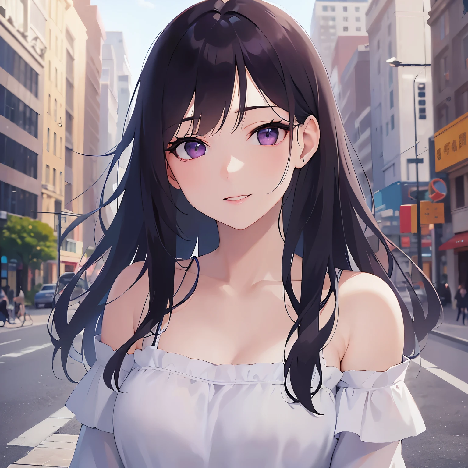 highest quality、masterpiece、looking up, Upper Body, RAW photo, photorealistic,BREAK( white off-shoulder long blouse：1.5）BREAK, Realistic, real person, (pale skin: 1.2), RAW photo, photorealistic, shiny skin, shiny hair、(A 26-year-old woman with straight hair and bangs) and (medium hair) and (black hair) and (purple eyes) ,（upturned eyes:1.5）and(smile),Biologically correct５Finger,The background is city,Alone,from above,dynamic pose