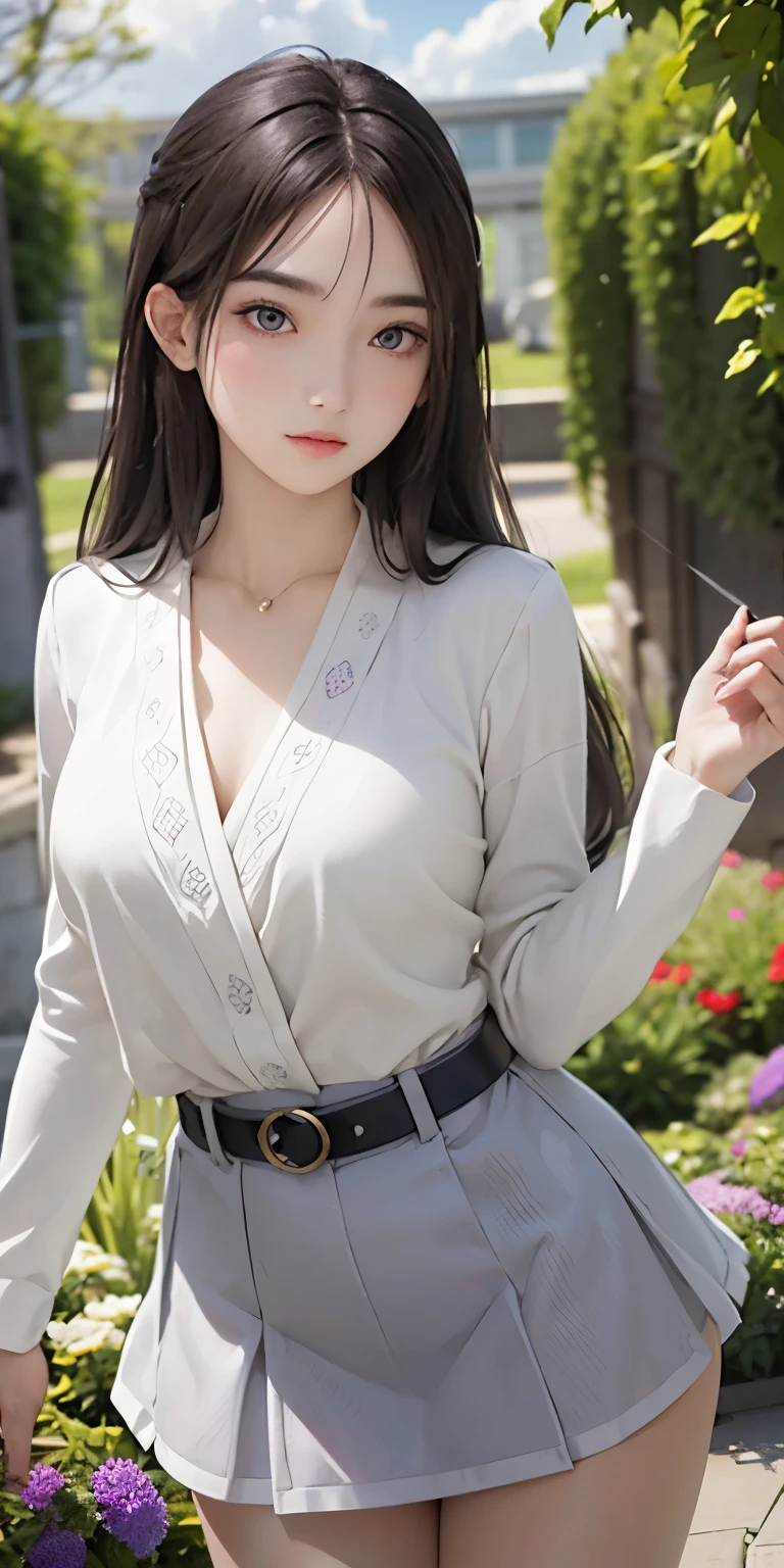 Ultra-realistic 8K CG,masterpiece,((Highly detailed background, Delicate pattern, Intricate details)),mini skirt、Her legs are open and her white panties are visible、Beautiful 、White panties are visible in the Iaido pose、front、Beautiful thighs、highest quality,very detailed face,Very beautiful eyes and face,Very beautiful eyes,Kocho Shinobu,Colorful Hair,No bangs,Hair intake,Purple eyes,amount,,belt,(garden:1.2),Purple Flower,a bit,cloudy null,sunlight,Tyndall effect,slope_null,face,Gorgeous null,West Saber,Attractive posture,