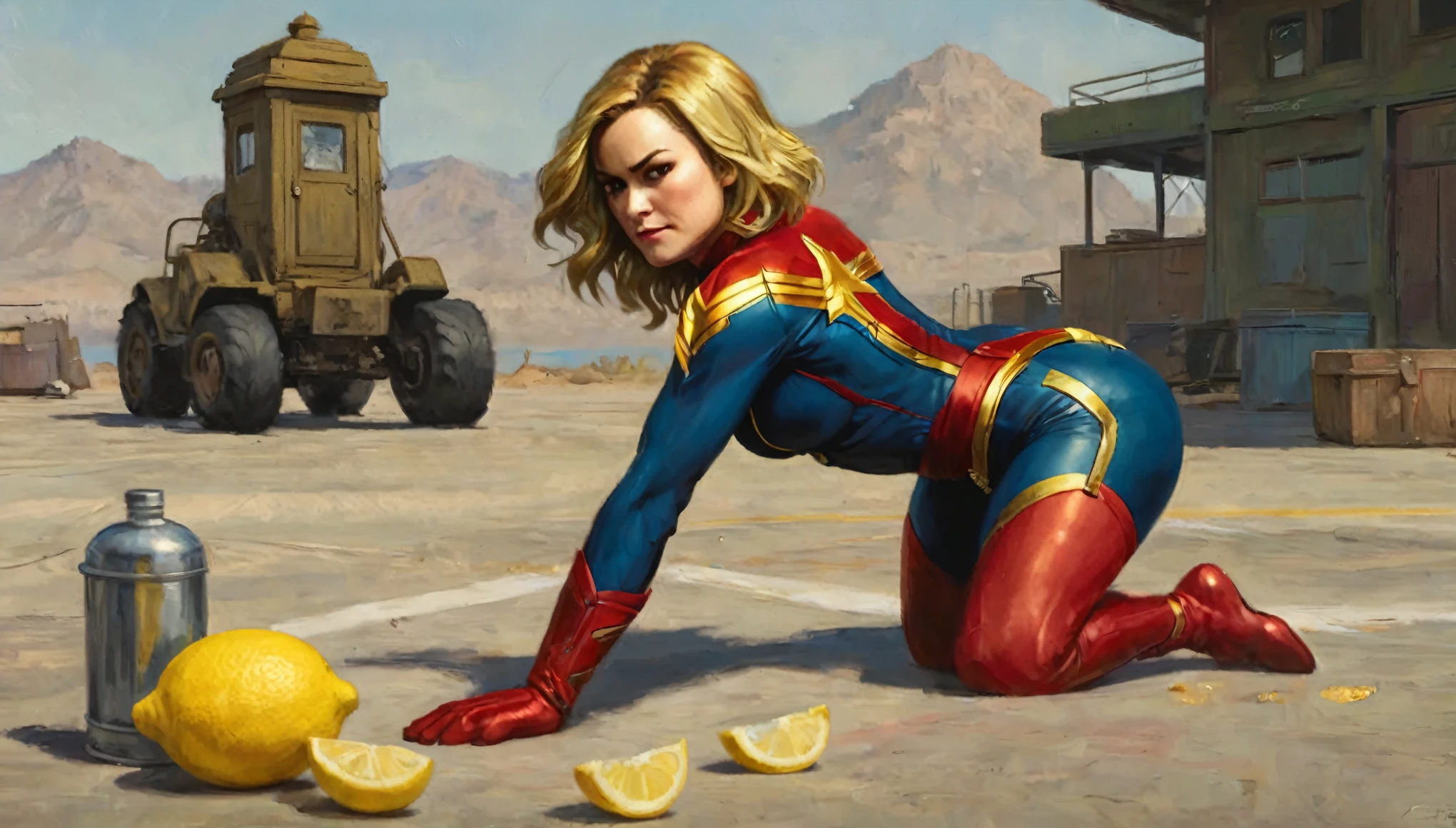 Captain Marvel is bent over retching and puking, a lemon with a bite out is near her, she has her back to the viewer, several superhero's chuckling around her, full body shown, comical scene
