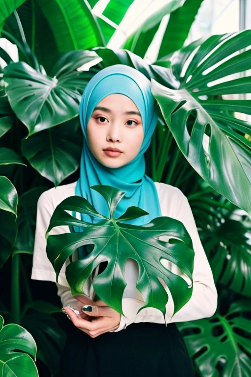 a woman clean face beauty in cyan hijab 20 yo plant monstera in a pot in a greenhouse under bright sunlight (8K, best quality: 1.2), (masterpiece: 1.37), (high sharpness) Masterpiece, best quality, (highly detailed photo: 1.1 ),((best quality)), ((masterpiece)), (detailed), perfect face