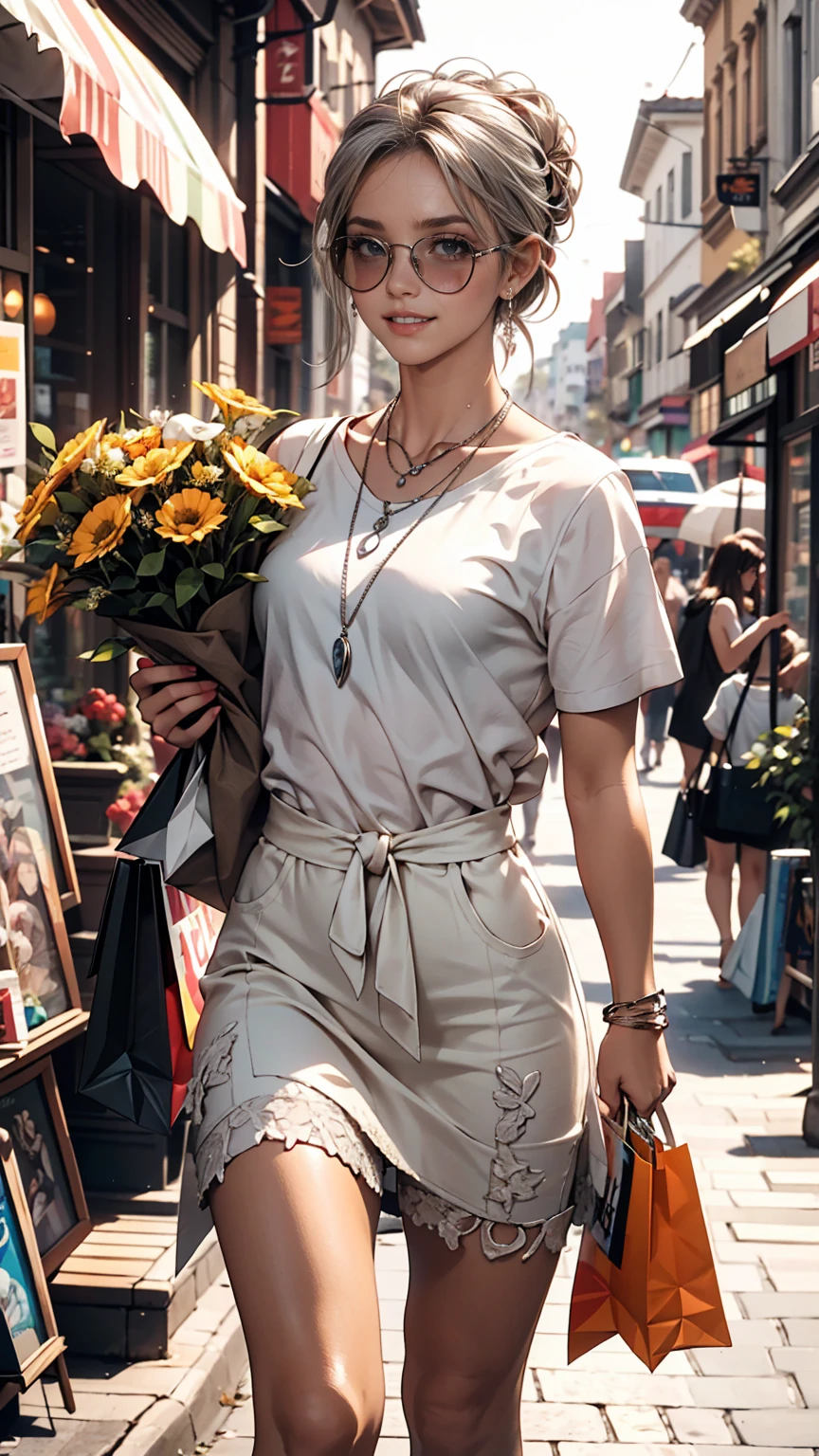 Very detailed, high quality, masterpiece, 1 female, Walking down the street, shopping bags in both hands, Happy expression, Brown Hair, Tied up in a messy bun, (Casual wear: 1.1), White T-shirt, Short skirt, High heels, light makeup, (Silver Necklace: 1.2), Wear sunglasses on your head, Holding flowers, People in the background々and storefront, Outdoor, sunny day.