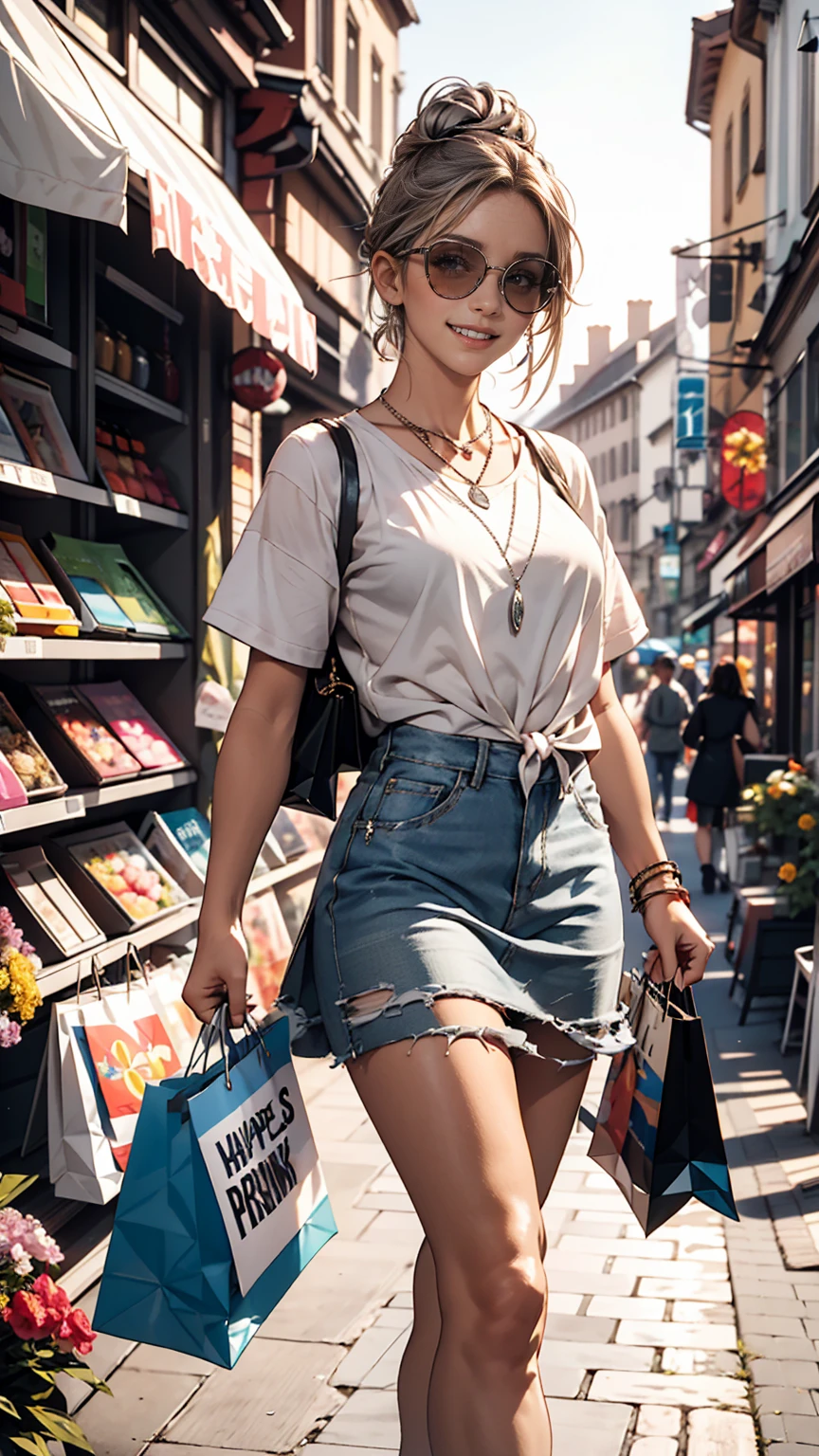 Very detailed, high quality, masterpiece, 1 female, Walking down the street, shopping bags in both hands, Happy expression, Brown Hair, Tied up in a messy bun, (Casual wear: 1.1), White T-shirt, Short skirt, High heels, light makeup, (Silver Necklace: 1.2), Wear sunglasses on your head, Holding flowers, People in the background々and storefront, Outdoor, sunny day.