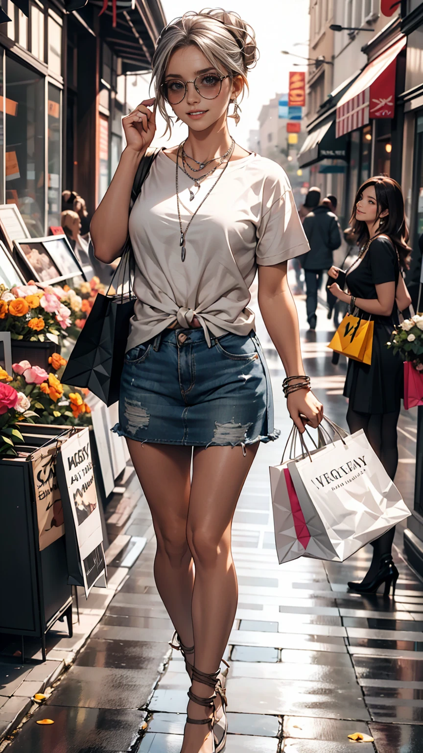 Very detailed, high quality, masterpiece, 1 female, Walking down the street, shopping bags in both hands, Happy expression, Brown Hair, Tied up in a messy bun, (Casual wear: 1.1), White T-shirt, Short skirt, High heels, light makeup, (Silver Necklace: 1.2), Wear sunglasses on your head, Holding flowers, People in the background々and storefront, Outdoor, sunny day.