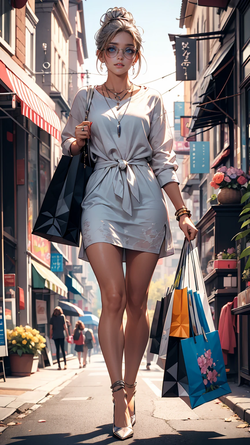 Very detailed, high quality, masterpiece, 1 female, Walking down the street, shopping bags in both hands, Happy expression, Brown Hair, Tied up in a messy bun, (Casual wear: 1.1), White T-shirt, Short skirt, High heels, light makeup, (Silver Necklace: 1.2), Wear sunglasses on your head, Holding flowers, People in the background々and storefront, Outdoor, sunny day.