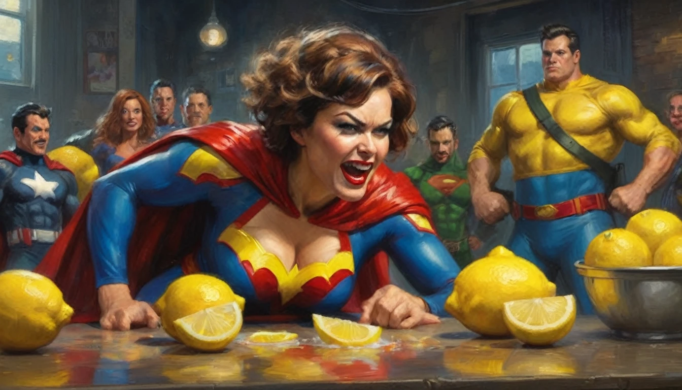a woman in a superhero costume bent over retching and puking, a lemon with a bite out is near her, her back is to the viewer, several superheroes chuckling around her, full body shown, comical scene, highly detailed, vibrant colors, dynamic lighting, photorealistic, 8k