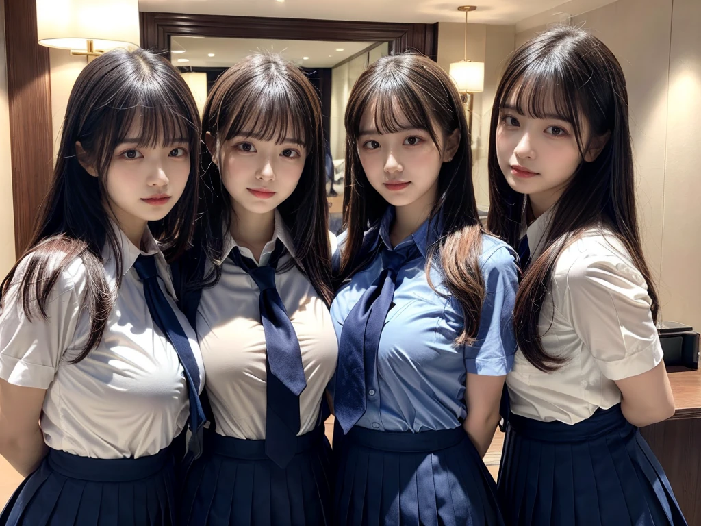 (8K, Raw photography, top-quality, ​masterpiece:1.2),  ((3 beatiful girls))、.（Realistic Skins 1.4）、（（（female high-school student、School Uniforms、）））、{{‎(The background is a luxury hotel room}}（（School Uniforms、white Cutter shirt、darkblue pleatedskirt))、（(long hair)）、((One has short hair)),（A dark-haired、The forehead is hidden by bangs、）、Black eyes、shinny skin.Beautiful delicate face、Beautiful delicate eyes、｛Voluptuous body shape、Thicker thighs｝、One piercing in each ear,((large breasts)), ((navy blue tie)) ,looking at camera, ((close up))