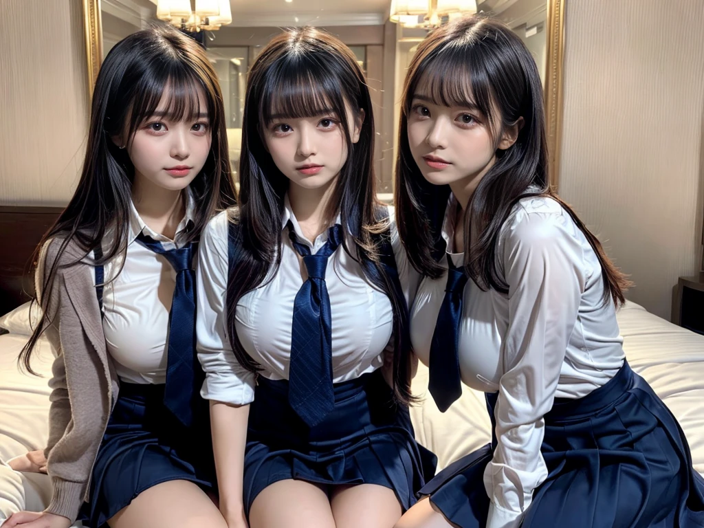 (8K, Raw photography, top-quality, masterpiece:1.2), ((3 beatiful girls))、.(Realistic Skins 1.4)、(((female high-school student、School Uniforms、)))、{{(The background is a luxury hotel room}}((School Uniforms、white Cutter shirt、darkblue pleatedskirt))、((long hair))、((One has short hair)),(A dark-haired、The forehead is hidden by bangs、)、Black eyes、shinny skin.Beautiful delicate face、Beautiful delicate eyes、{Voluptuous body shape、Thicker thighs}、One piercing in each ear,((large breasts)), ((navy blue tie)) ,looking at camera, ((close up))
