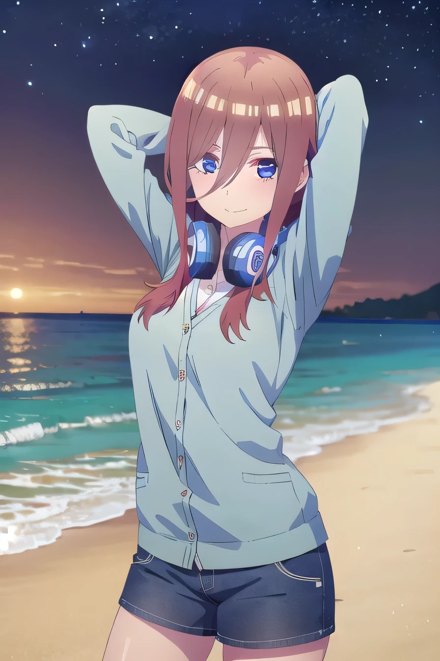 solo, 1girl, looking at viewer, 2D, anime, anime coloring, miku nakano, cardigan, headphones around neck, solo, night sky, beach, arms behind head,  contrapposto, closed mouth, (cowboy shot:1.5), looking at viewer, smile,