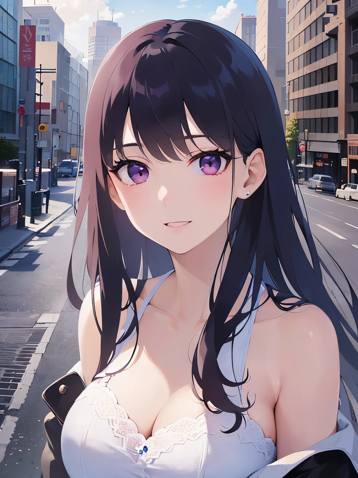 highest quality、masterpiece、looking up, Upper Body, RAW photo, photorealistic,BREAK( white off-shoulder long blouse:1.5)BREAK, Realistic, real person, (pale skin: 1.2), RAW photo, photorealistic, shiny skin, shiny hair、(A 26-year-old woman with straight hair and bangs) and (medium hair) and (black hair) and (purple eyes) ,(upturned eyes:1.5)and(smile),Biologically correct5Finger,The background is city,Alone,from above,dynamic pose
