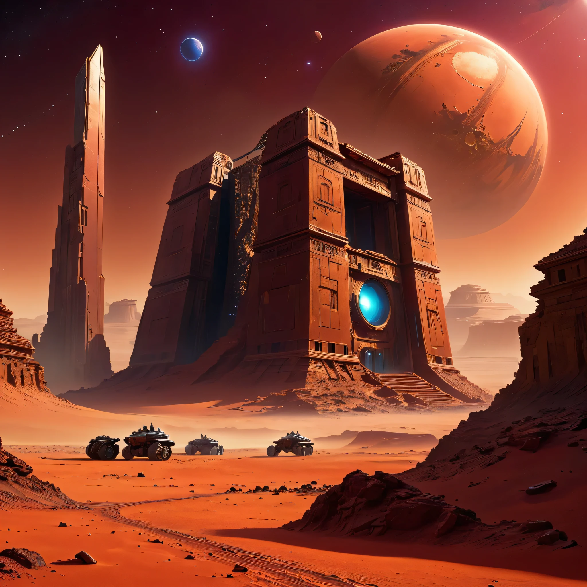 Movie Posters,(Mysterious Ancient Ruins) On Mars,(Science fiction concept art),(Detailed illustration quality,4K,High resolution,masterpiece:1.2),Red planet landscape、Vibrant colors:1.1),(Sci-Fi Lighting),(High resolution),(Collapsing structures),(Desolate environment),(Infinite horizons),(Alien Relics Extraterrestrial Architecture),(Atmospheric perspective),(expedition),(Future Technology),(Remains of an advanced civilization),(Isolated、Forsaken),(Astronaut expedition house),(Spooky atmosphere),(Strange symbols),(Mysterious Energy Source),(Vast panoramic views),(Dusty red sand),(Unreal atmosphere),(Ancient mysteries),(Distant starry sky),(Hauntingly beautiful),(Dreamy image),(Epic Scale),(Awe-inspiring),(Scientific discoveries)