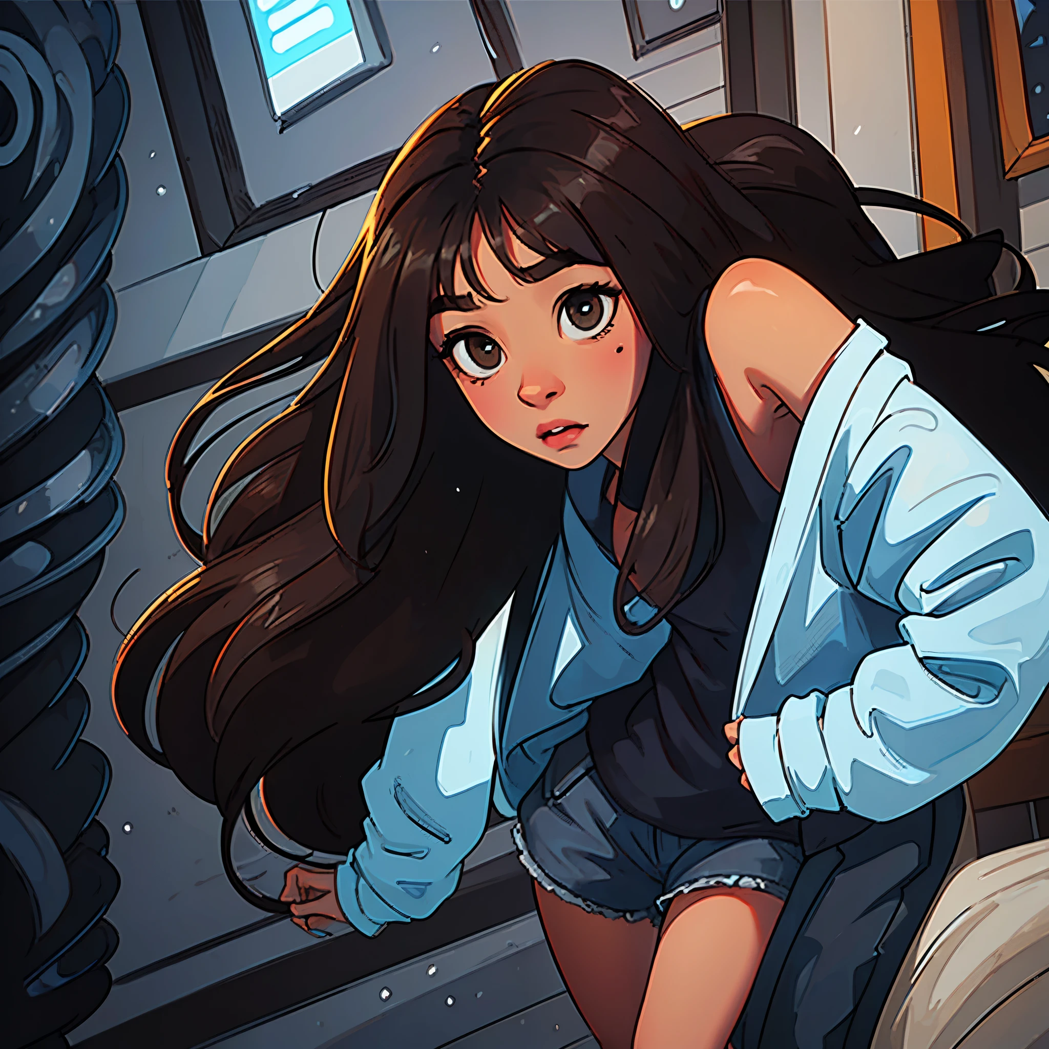a girl with dark skin, dark brown wavy hair long, wearing a black sweatshirt and blue denim shorts