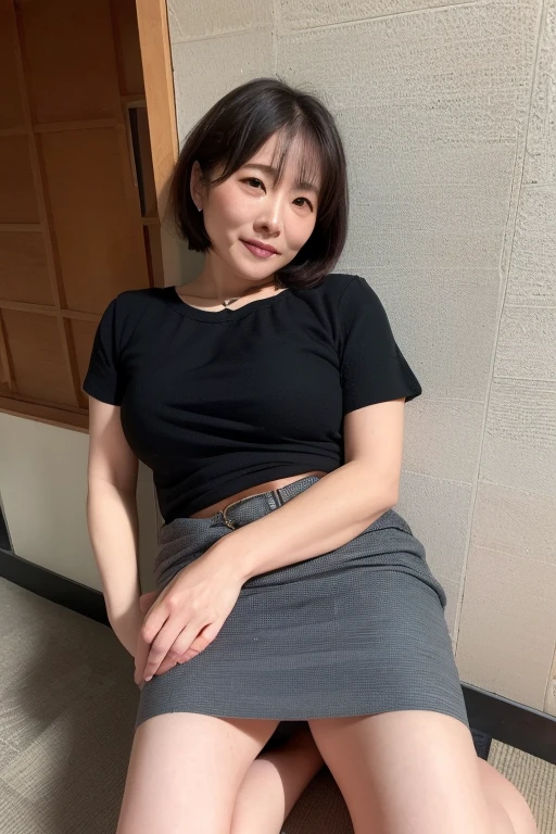 日本人A MILF, (Solo), 50 years old, (Wrinkles at the corners of the eyes:1.5), (nasolabial folds), Large breasts, A MILF, glamor, A sexy, Chromo-white skin, Wavy Longhair, Looking at Viewer, (((my skin is old))), ((muscles are old)), Super large udder, ((Black underwear)), (Lace underwear), ((Micro underwear)), ssmile, Public places, Sit up, opening legs