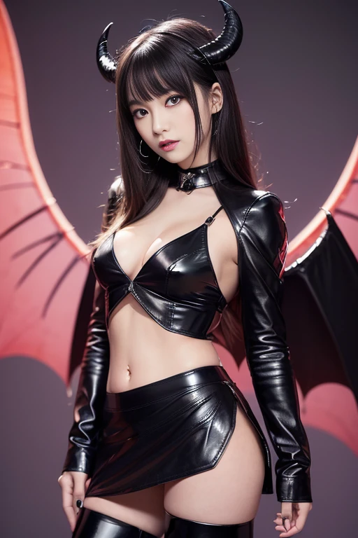​masterpiece,top-quality,超A high resolution),A Japanese Lady, (((Very beautiful and bewitching succubus))),(((Little girl))), View photographer､Front view, hyper cute face, Glossy lips, Double eyelids in both eyes,(((Colorful eyes)))、 Bewitching makeup, long eyelashes, shiny and smooth hair, central image, Perfect limbs, Perfect Anat,(((Black Leather Mini Skirt､Navel))),(((Black Leather Knee High Boots))),(((Devil's Wings)))、nighttime scene