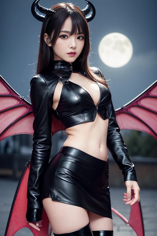 ​masterpiece,top-quality,超A high resolution),A Japanese Lady, (((Very beautiful and bewitching succubus))),((())), View photographer､Front view, hyper cute face, Glossy lips, Double eyelids in both eyes,(((Colorful eyes)))、 Bewitching makeup, long eyelashes, shiny and smooth hair, central image, Perfect limbs, Perfect Anat,(((Black Leather Mini Skirt､Navel))),(((Black Leather Knee High Boots))),(((Devil's Wings)))、nighttime scene