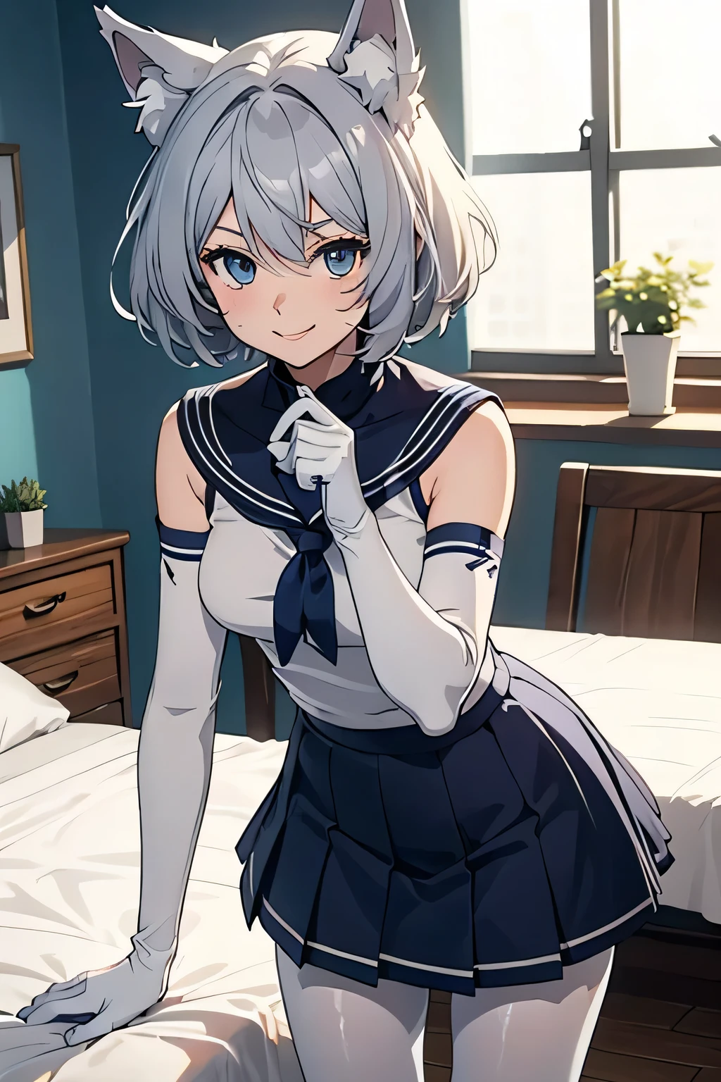 Tabletop Best image quality wonderful Attention to detail One Young Woman((Adult))Anime Style White Sailor Suit(Sleeveless) Navy blue mini skirt Pure white gloves(Elbow Gloves) Stretch your arms White Pantyhose(Plain) wolf ears short hair((Shortcuts)(Gray Hair)(Curly Hair)(fluffy)) smile(Happy) Eye color is blue background(Bedroom) standing