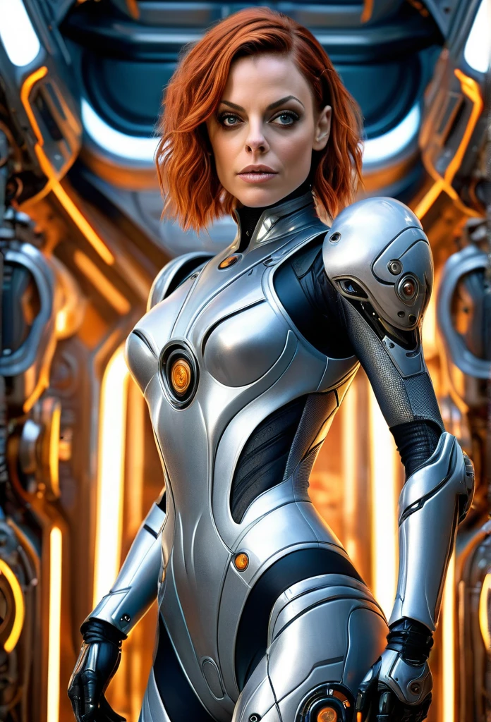 Beautifu Femalel Fifth Element Alien [Mila Jobovich:Mila Kunis:0.40] in a portrait pose donning a Hightech Mecha Body Suite, confident naughty smirk, detailed face, detailed hair, insanely intricate details, realistic style
