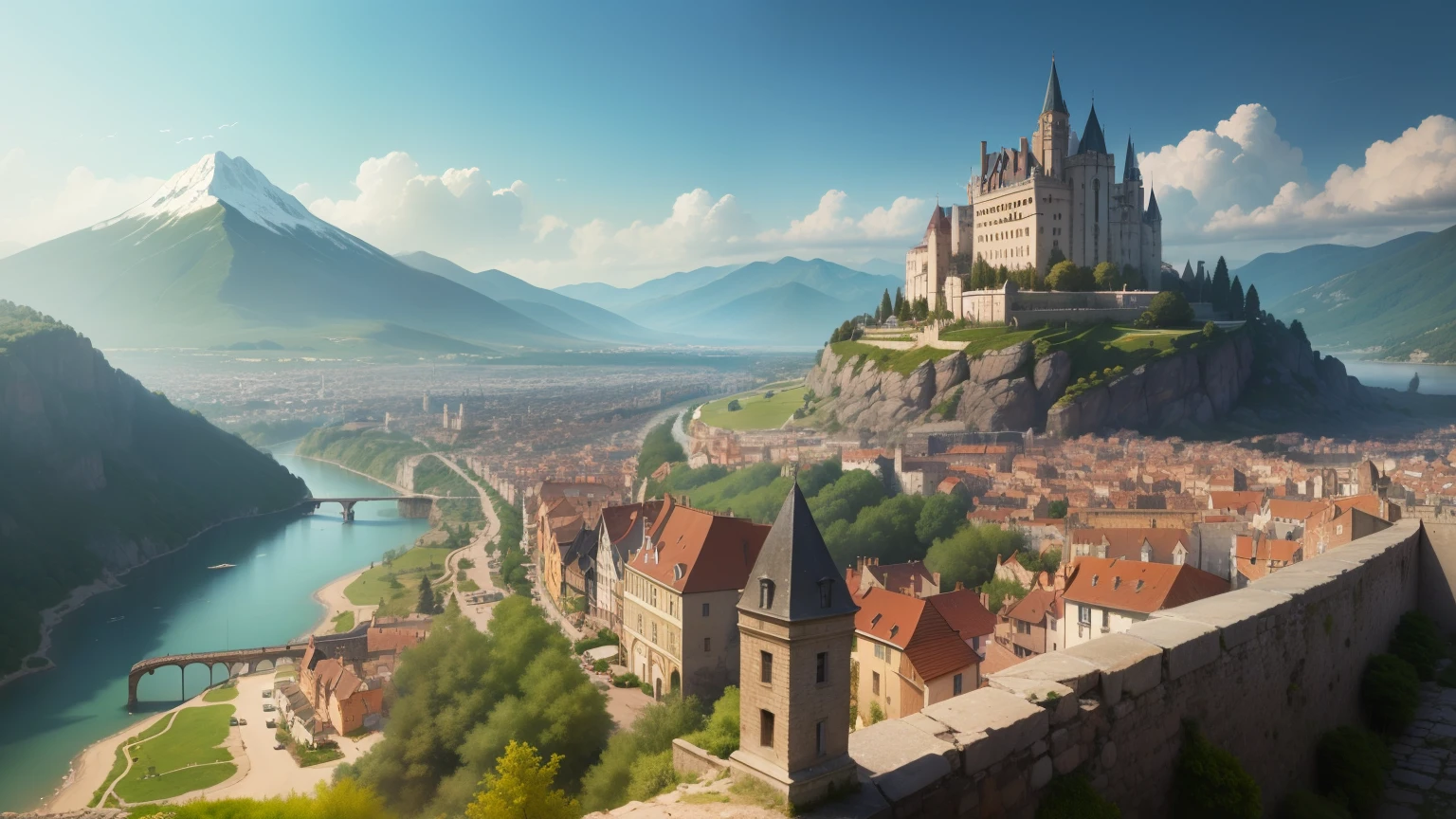 A medieval town divided into three areas，（A tall building），One is a villa，A city on a hill with a huge and magnificent castle，The three areas are divided by walls.，Surrounded by mountains