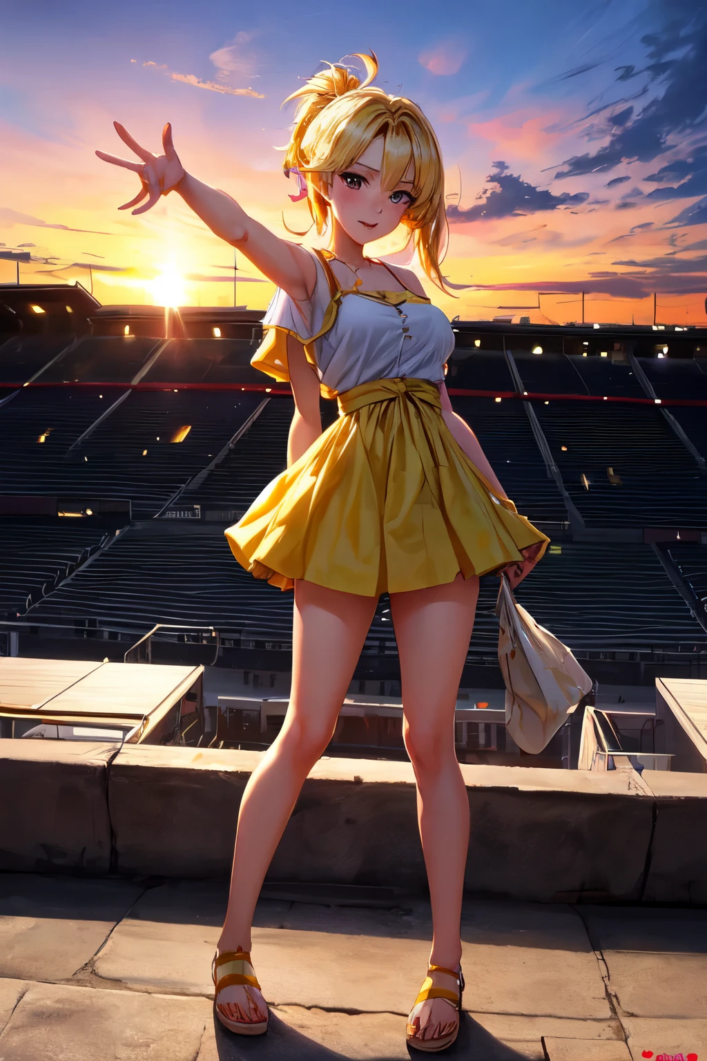Chica  tirada en la arena viendo el atardecer con sus manos manchadas de sangre
